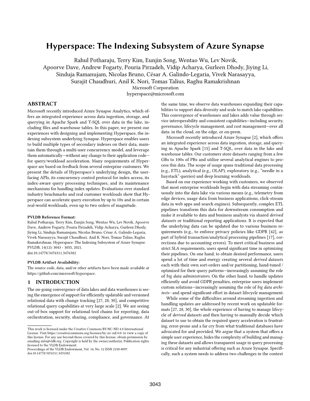 Hyperspace: the Indexing Subsystem of Azure Synapse