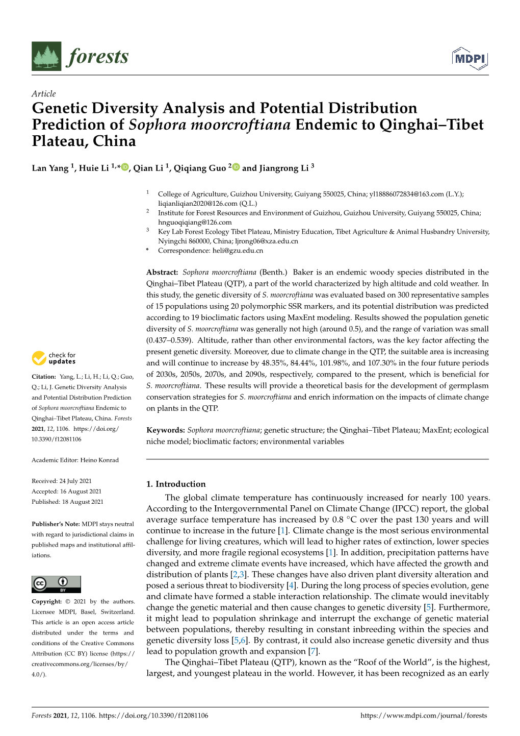 Genetic Diversity Analysis and Potential Distribution Prediction of Sophora Moorcroftiana Endemic to Qinghai–Tibet Plateau, China