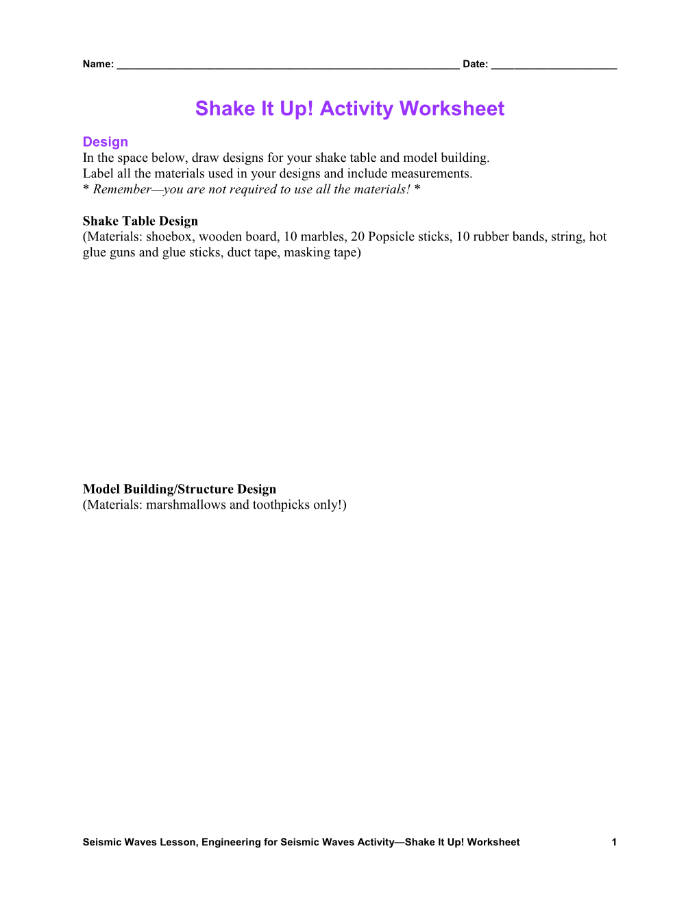 Shake It Up! Activity Worksheet