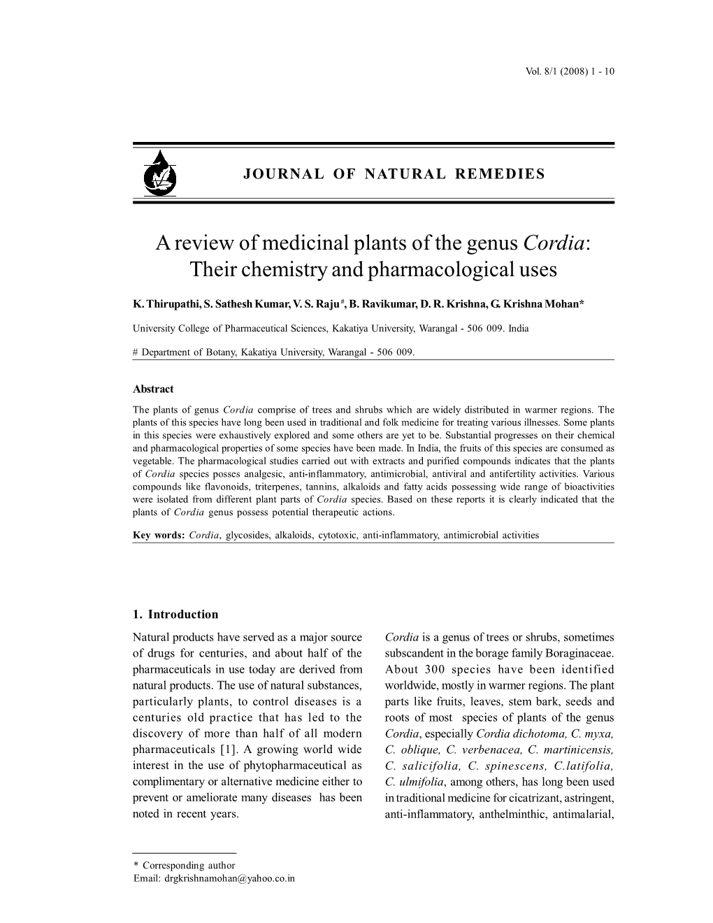 A Review of Medicinal Plants of the Genus Cordia: Their Chemistry and Pharmacological Uses