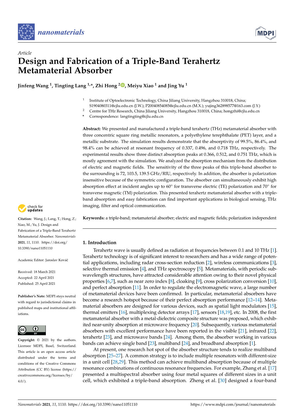 Design and Fabrication of a Triple-Band Terahertz Metamaterial Absorber