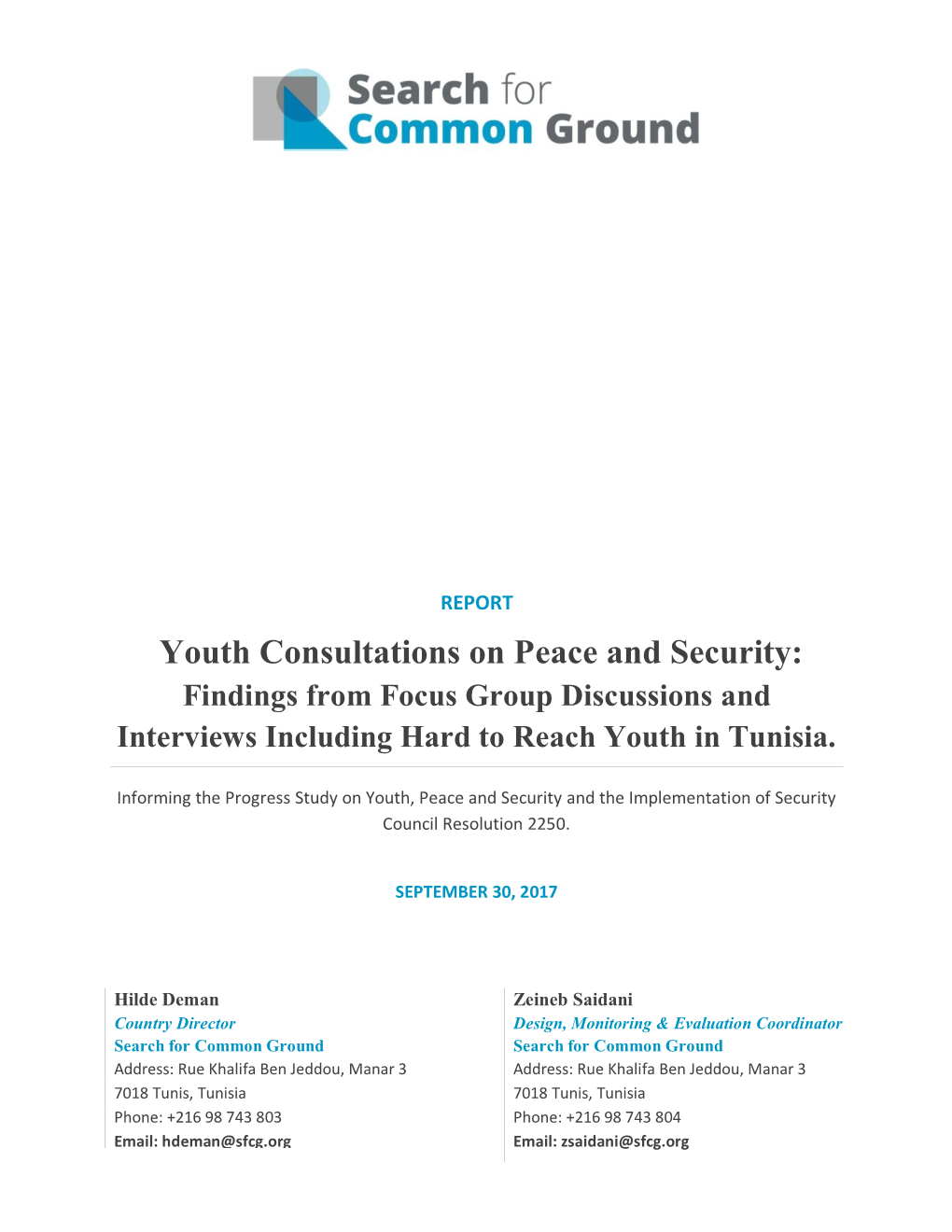 Youth Consultations on Peace and Security: Findings from Focus Group Discussions and Interviews Including Hard to Reach Youth in Tunisia
