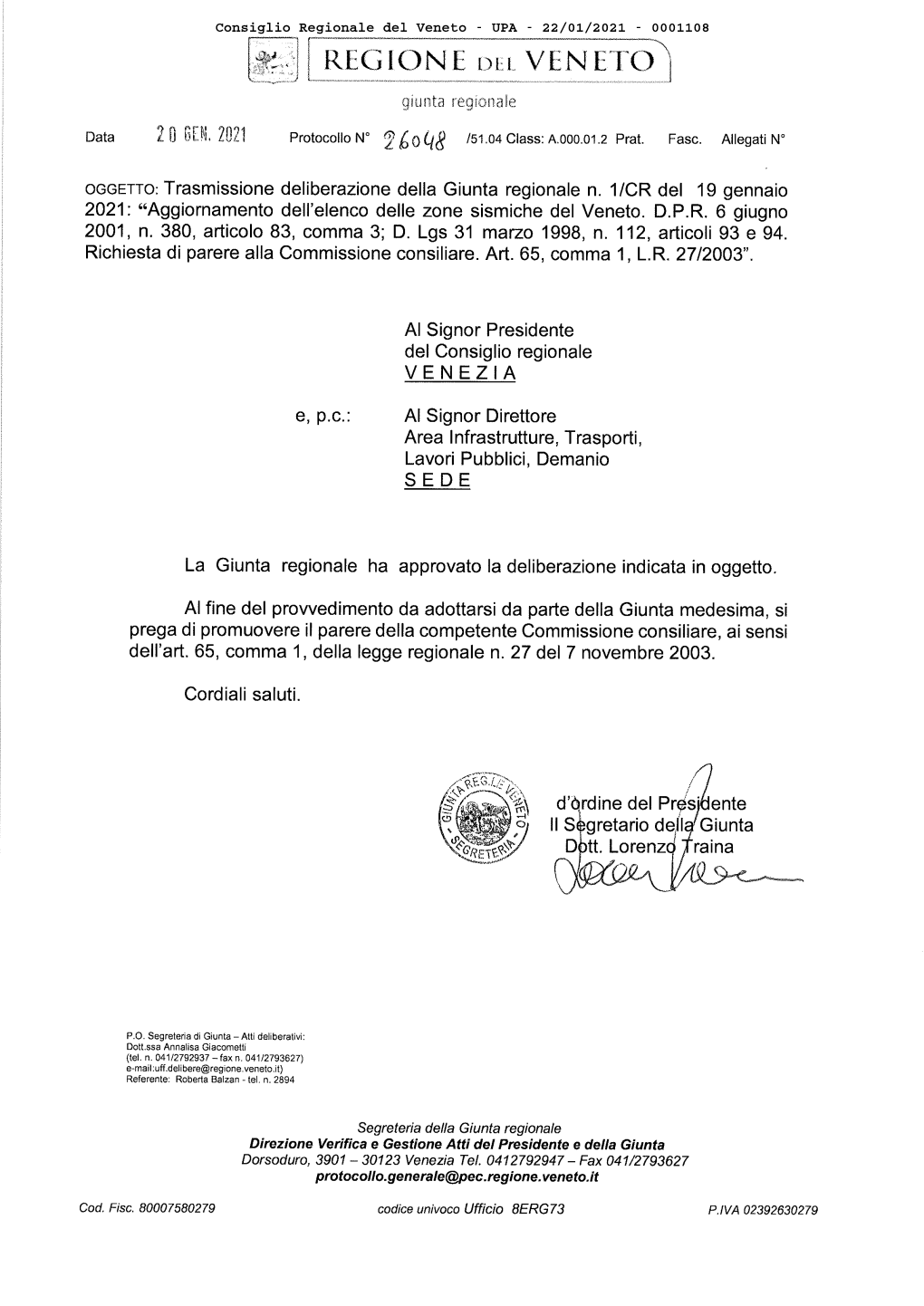 Consiglio Regionale Del Veneto - UPA - 22/01/2021 - 0001108 Giunta Regionale XI Legislatura