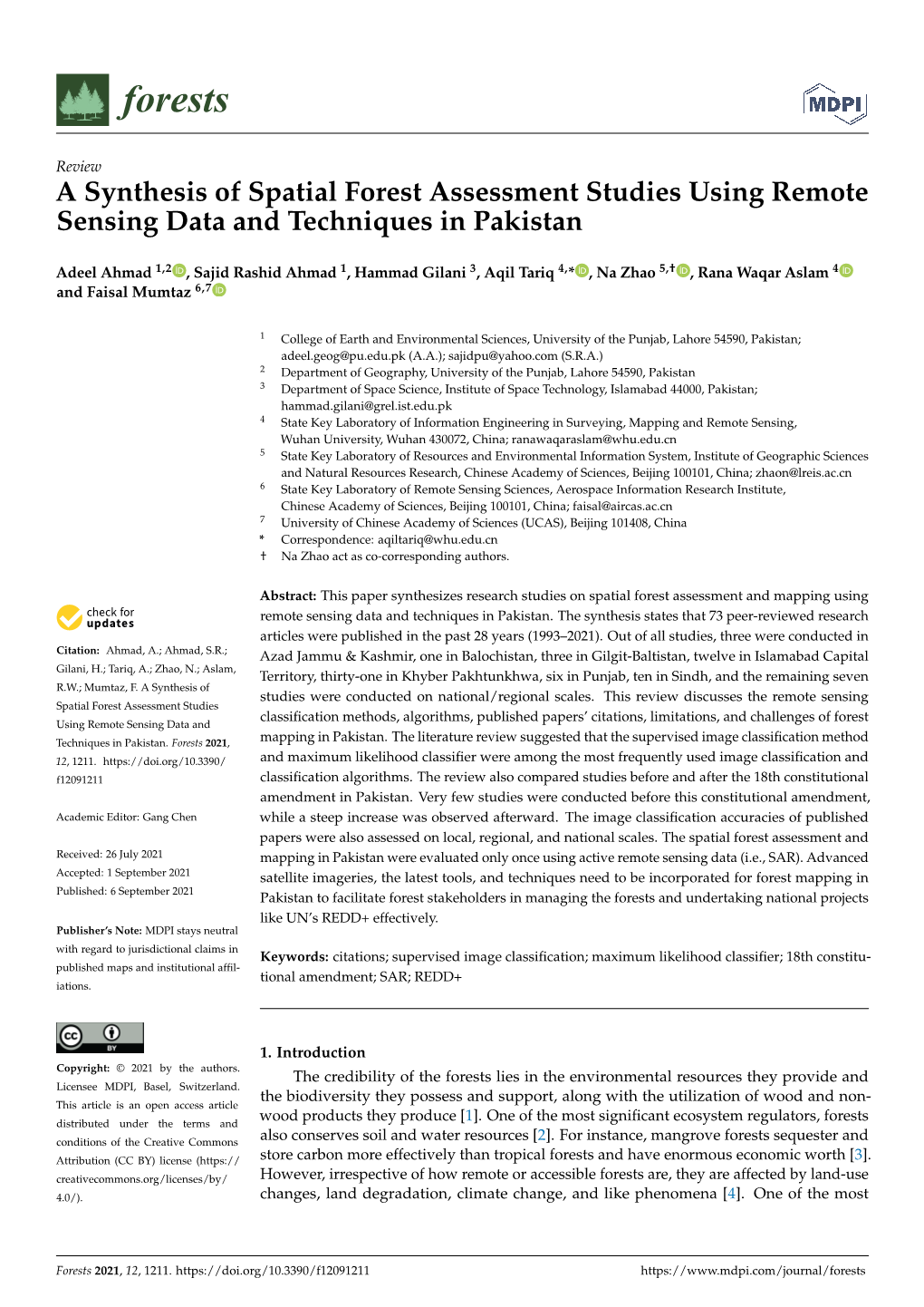 A Synthesis of Spatial Forest Assessment Studies Using Remote Sensing Data and Techniques in Pakistan