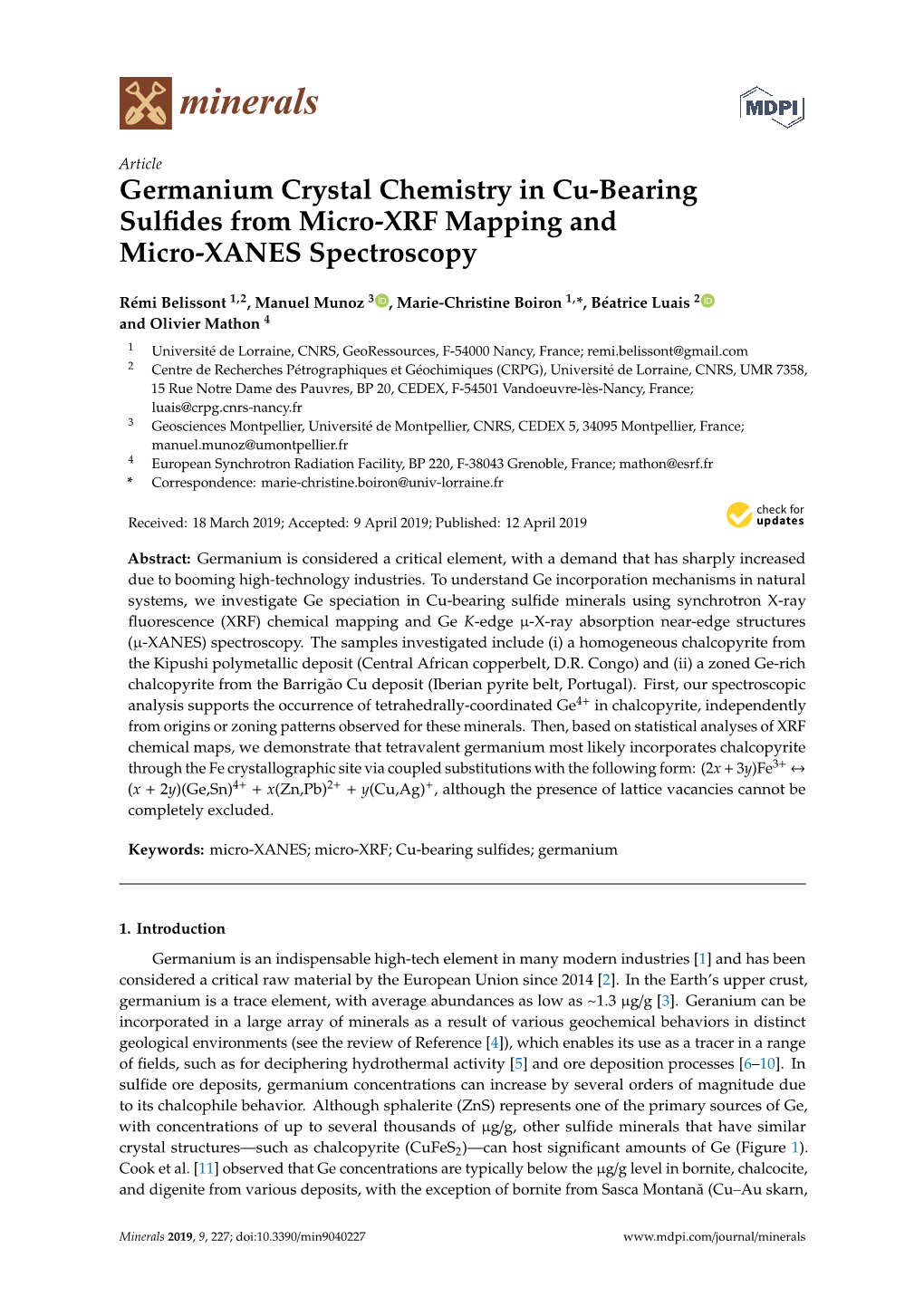 Germanium Crystal Chemistry in Cu-Bearing Sulfides from Micro