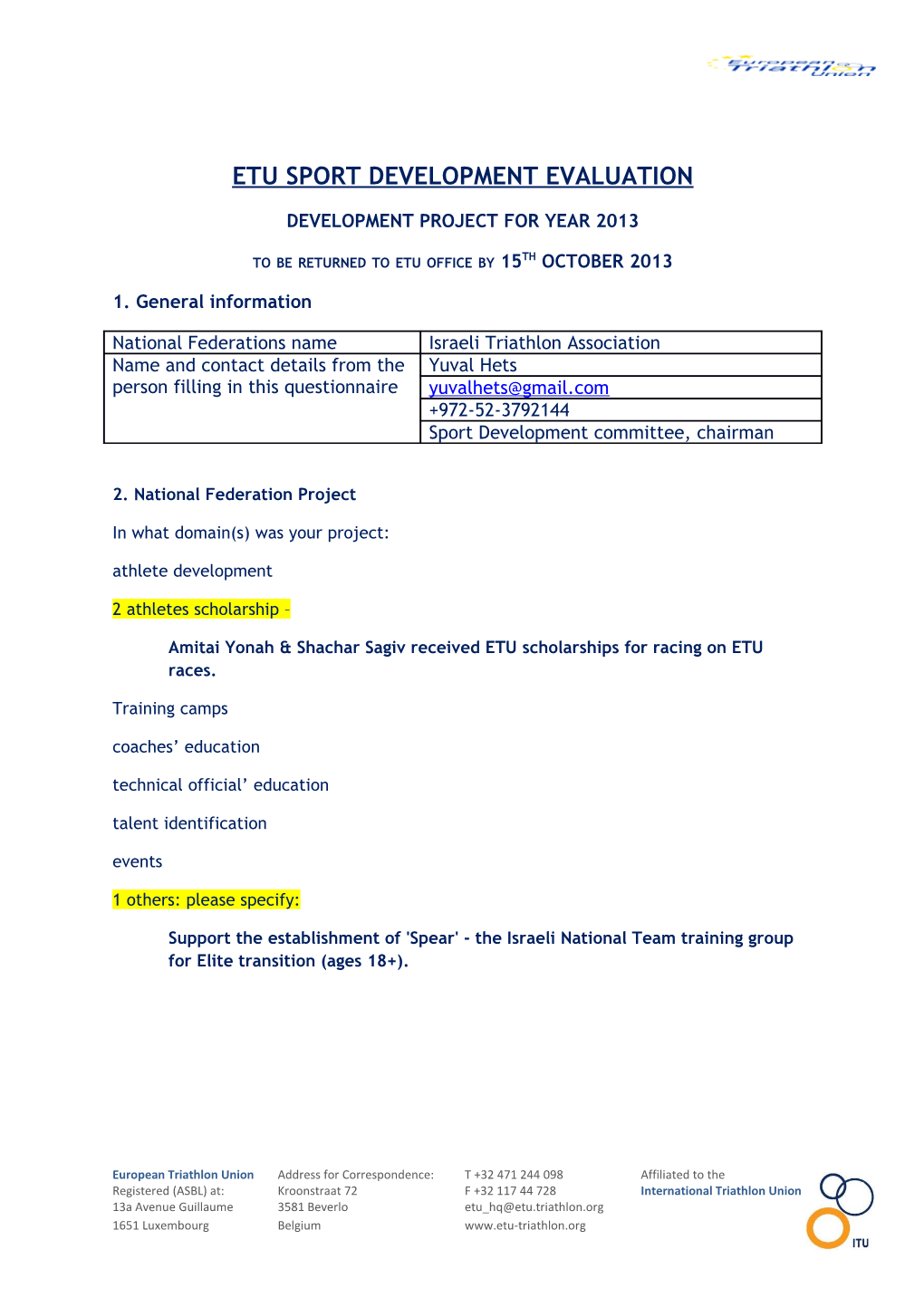 Etu Sport Development Evaluation