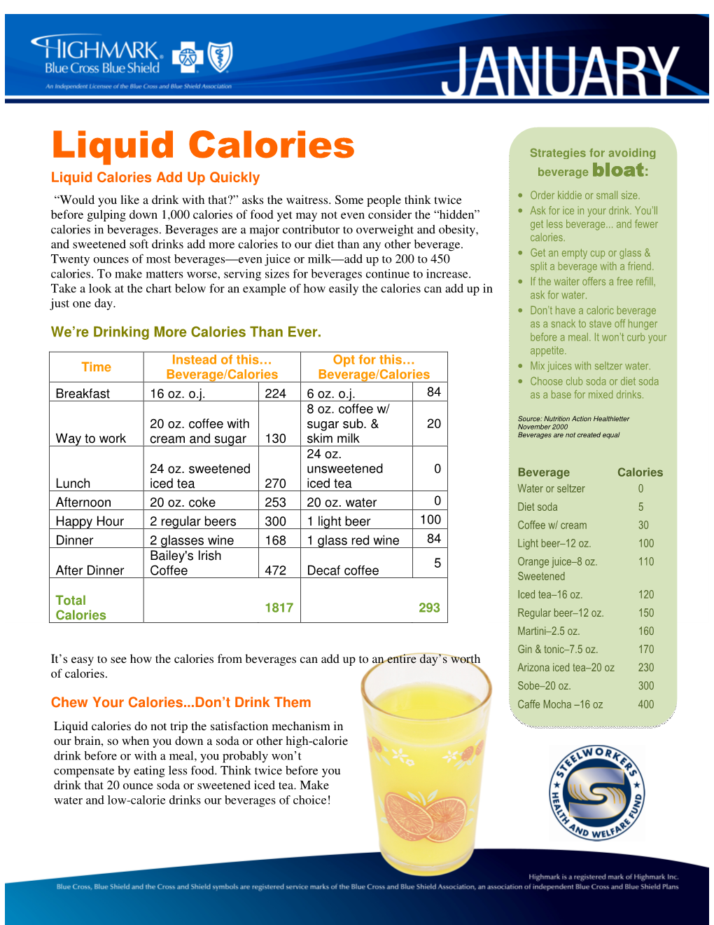 Liquid Calories Strategies for Avoiding Liquid Calories Add up Quickly Beverage Bloat : • “Would You Like a Drink with That?” Asks the Waitress