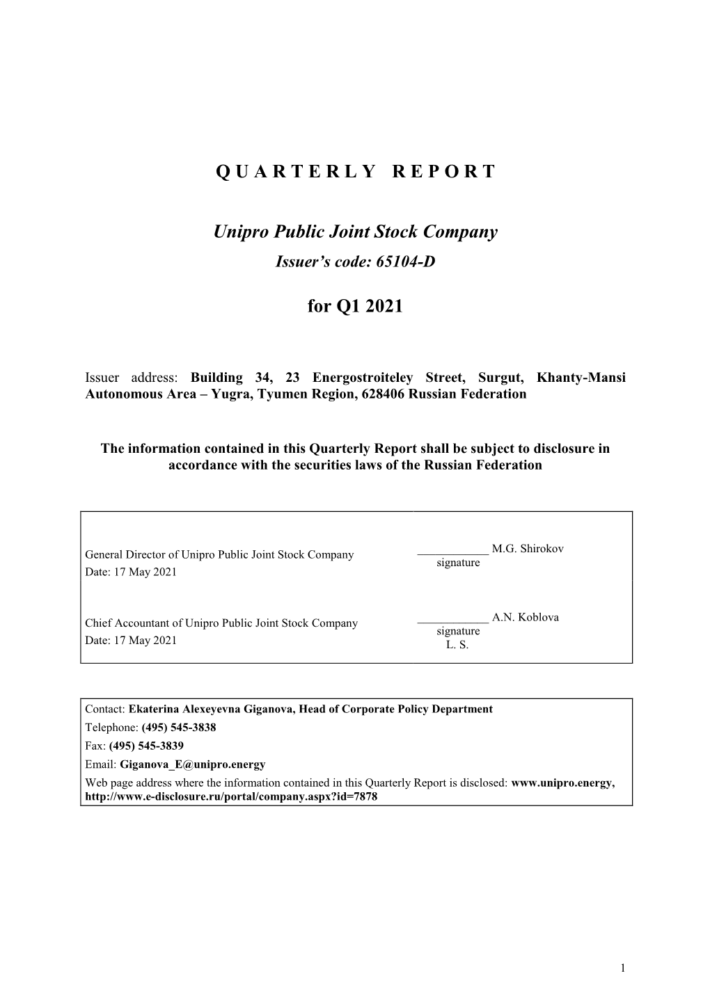 QUARTERLYREPORT Unipro Public Joint Stock Company for Q1