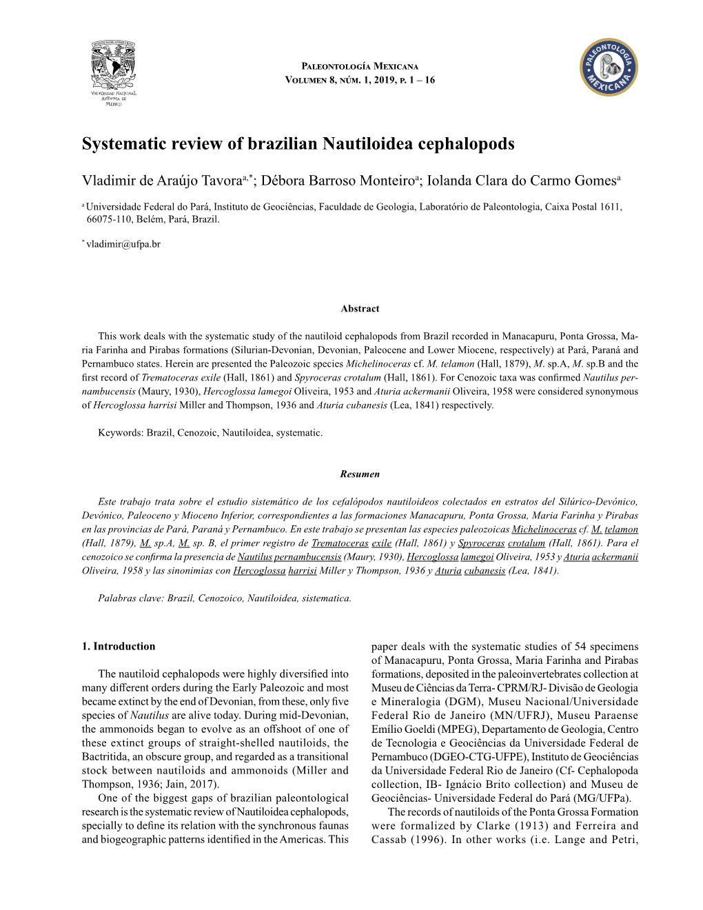 Systematic Review of Brazilian Nautiloidea Cephalopods 1 Paleontología Mexicana Volumen 8, Núm