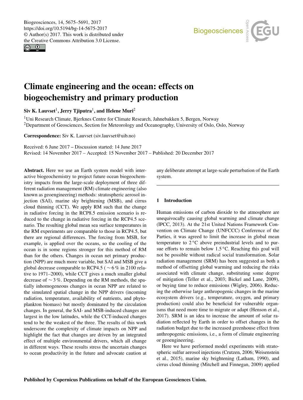 Climate Engineering and the Ocean: Effects on Biogeochemistry and Primary Production