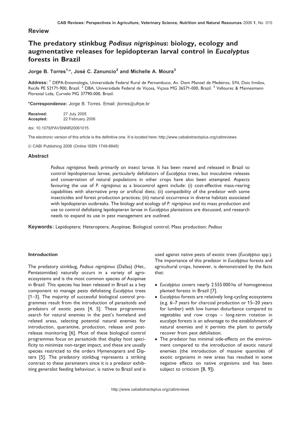 The Predatory Stinkbug Podisus Nigrispinus: Biology, Ecology and Augmentative Releases for Lepidopteran Larval Control in Eucalyptus Forests in Brazil