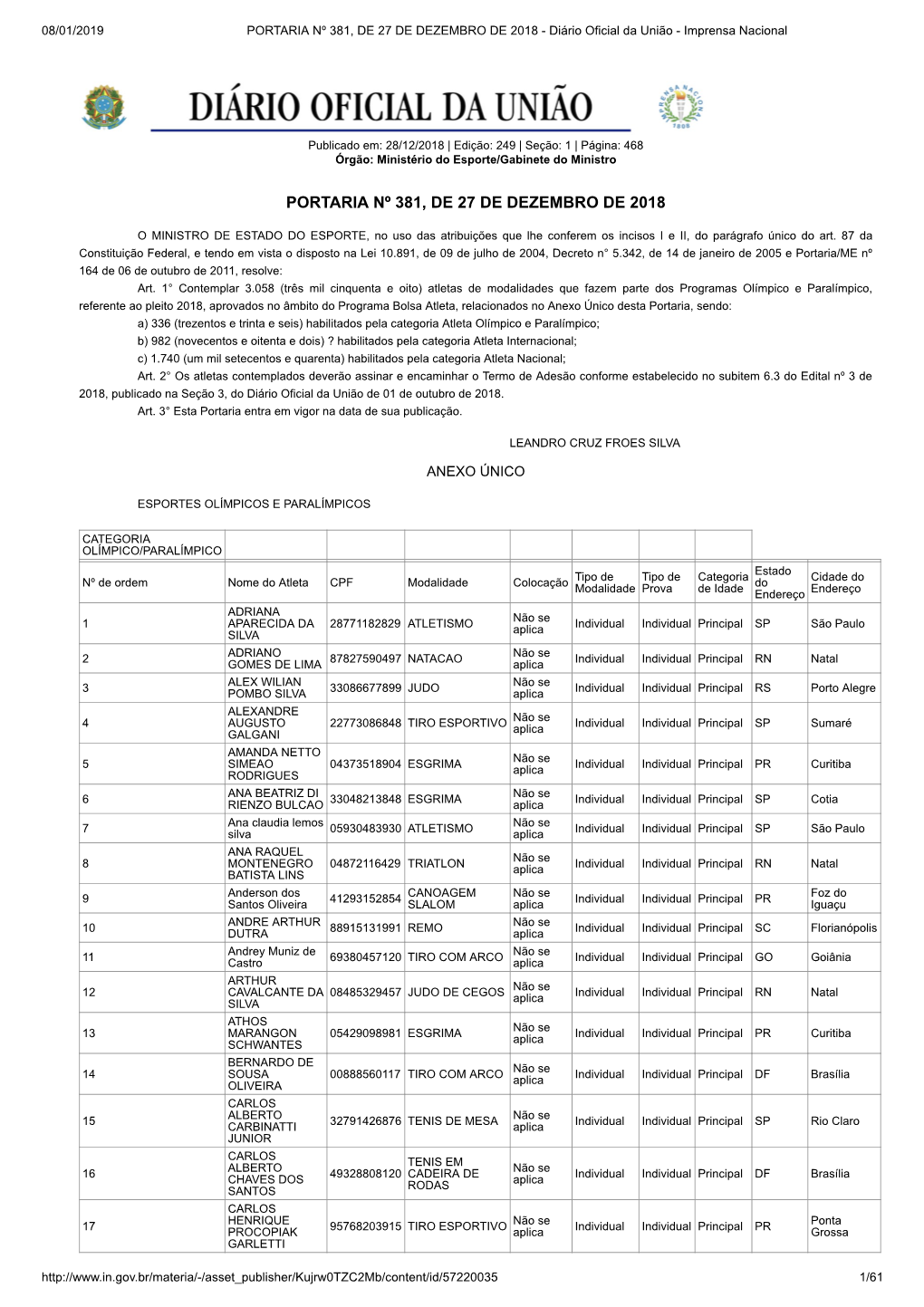 PORTARIA Nº 381, DE 27 DE DEZEMBRO DE 2018 - Diário Oficial Da União - Imprensa Nacional