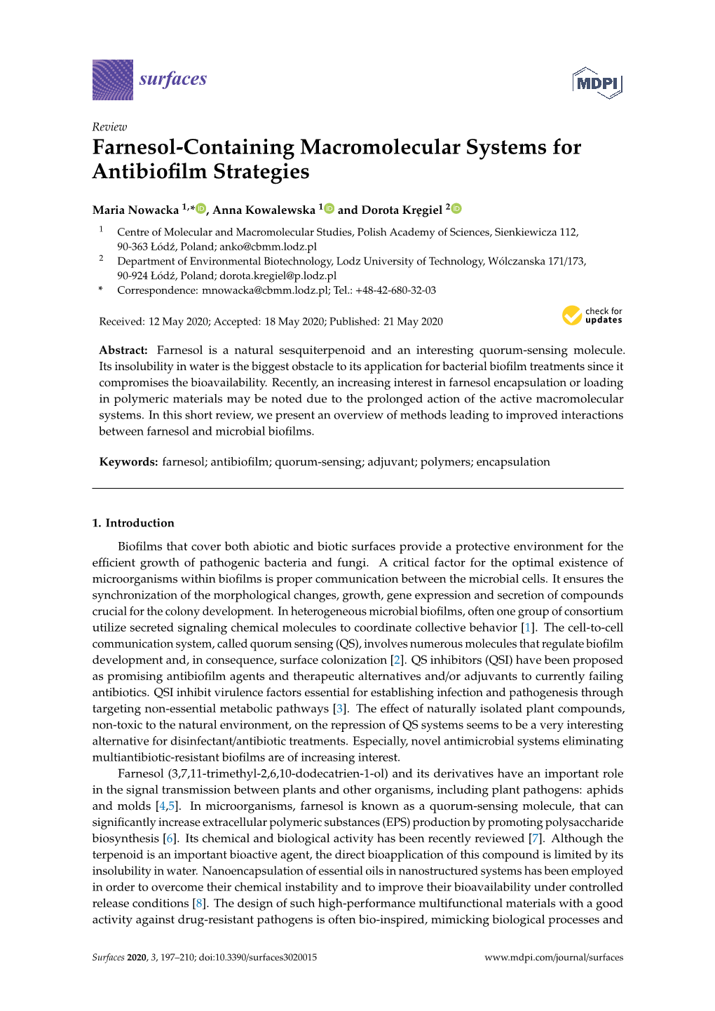 Farnesol-Containing Macromolecular Systems for Antibiofilm Strategies