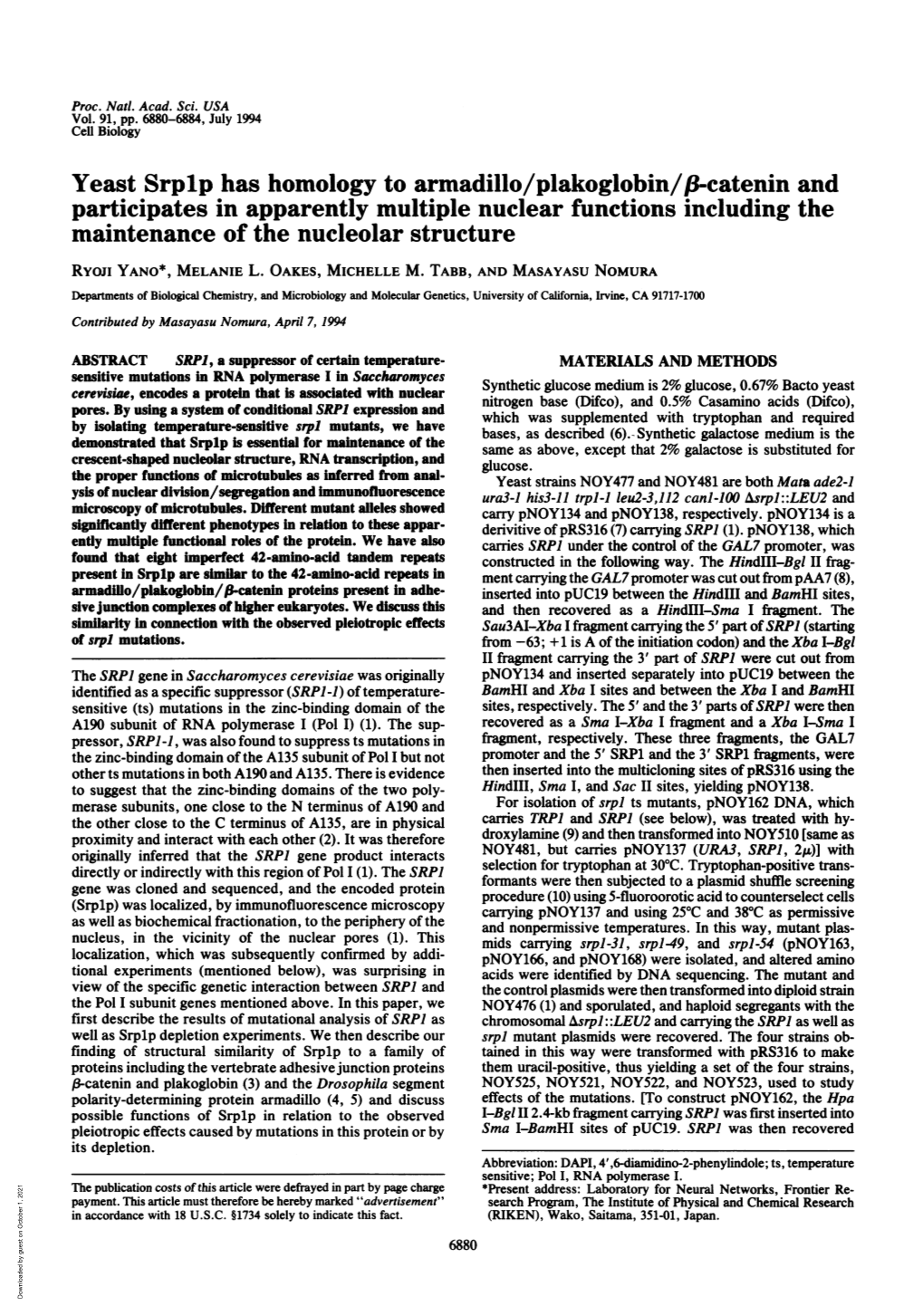 Yeast Srplp Has Homology to Armadillo/Plakoglobin/,-Catenin And