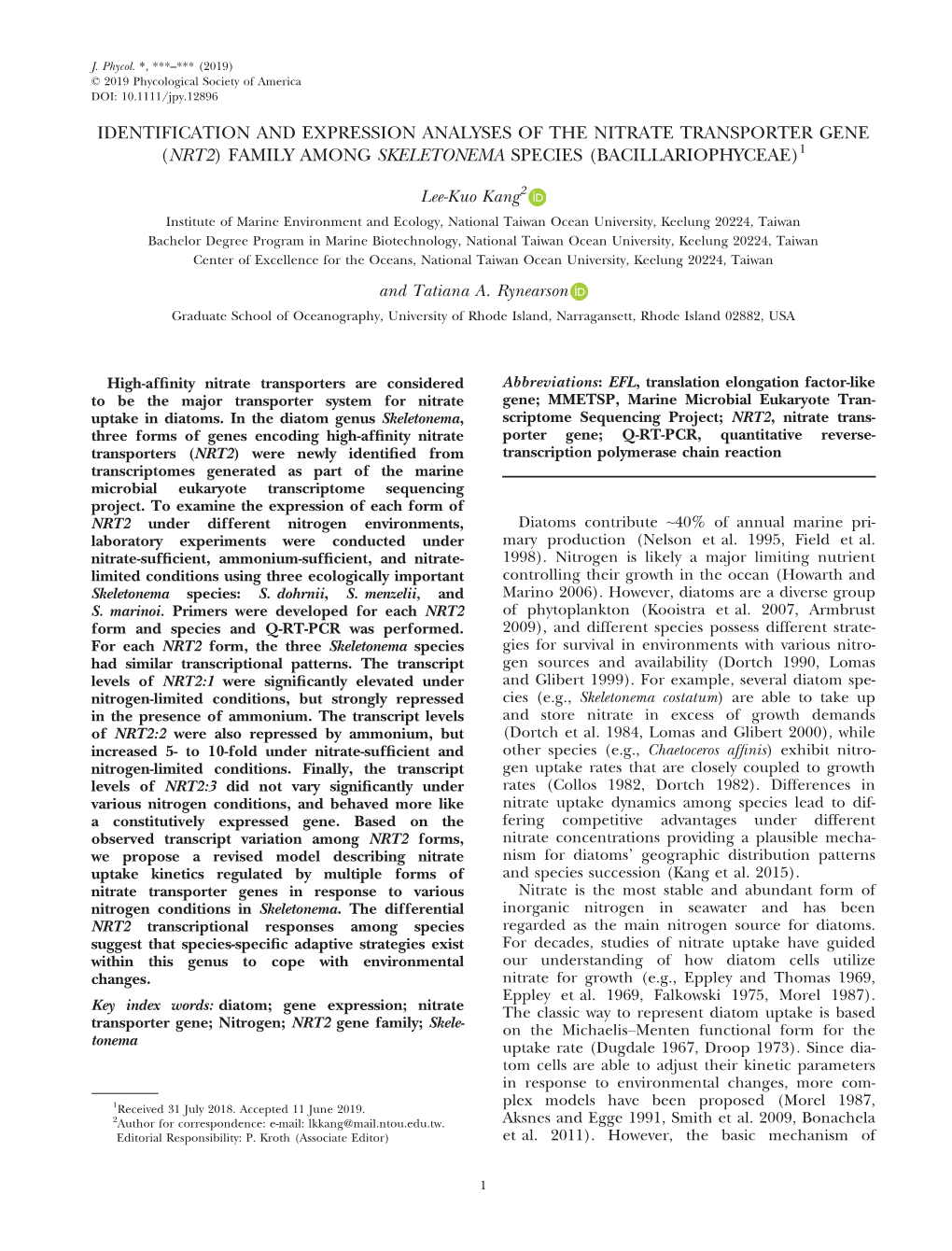 (Nrt2) Family Among Skeletonema Species (Bacillariophyceae)1