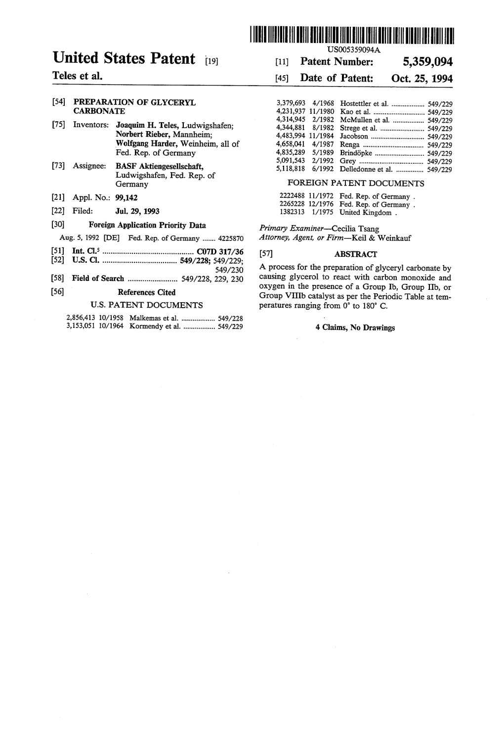 |Lllllillllllllll|||||Lllllllllllllllllllllllllllllllllllllllllllllllllllll US005359094A United States Patent ‘[191 [11] Patent Number: 5,359,094 Teles Et A1