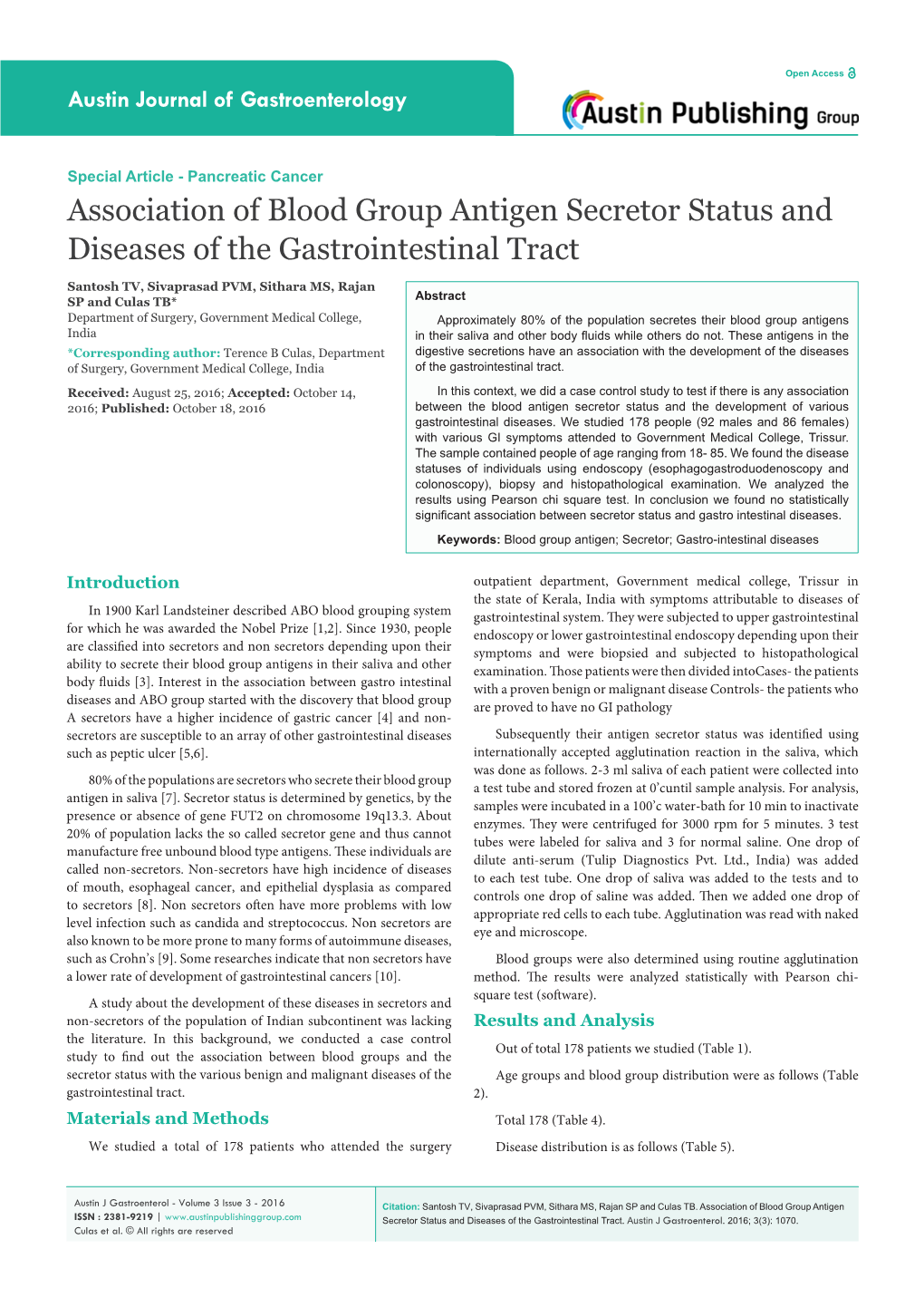 Association of Blood Group Antigen Secretor Status and Diseases of the Gastrointestinal Tract