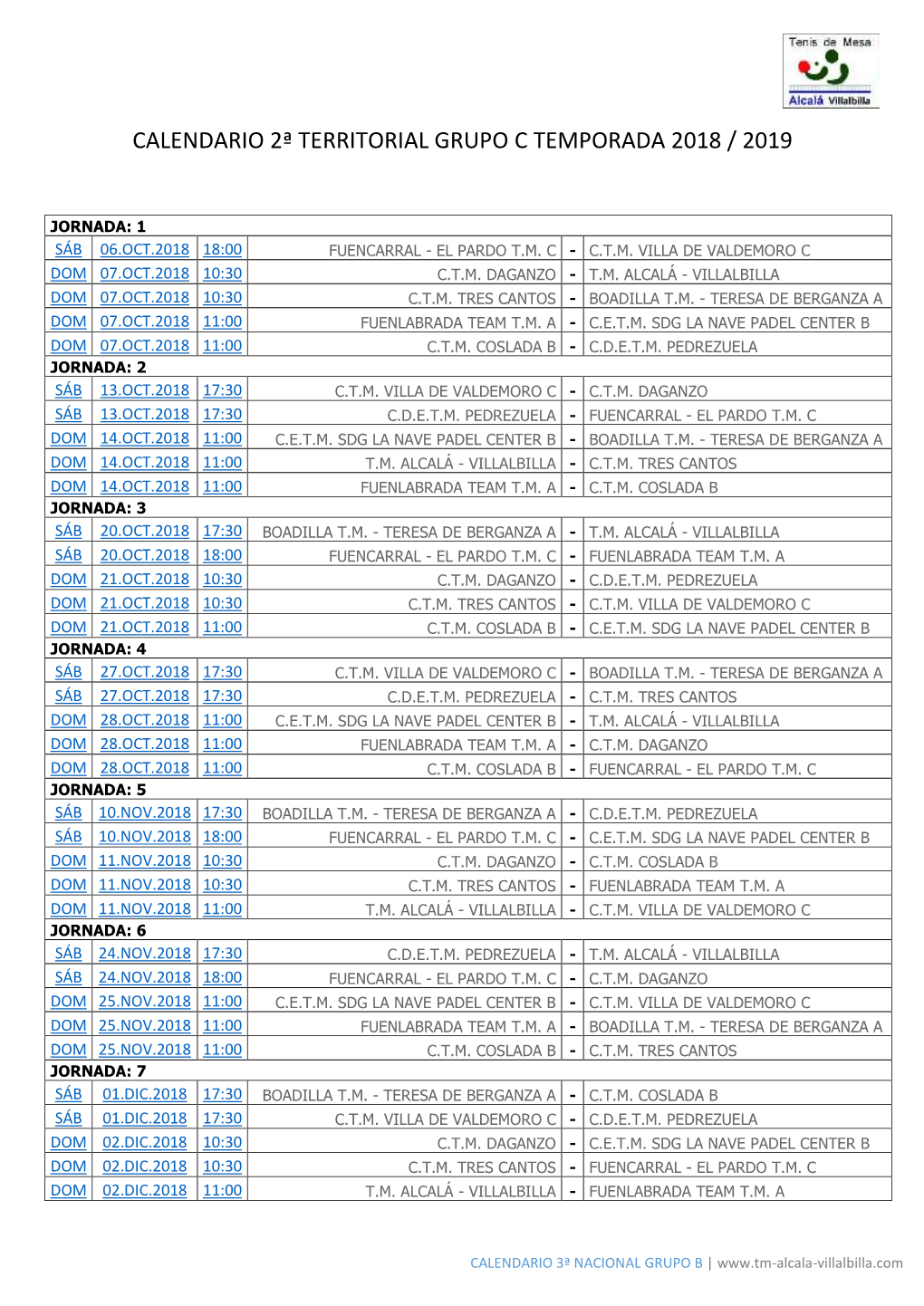 Calendario 3ª Nacional Grupo B | Jornada: 8