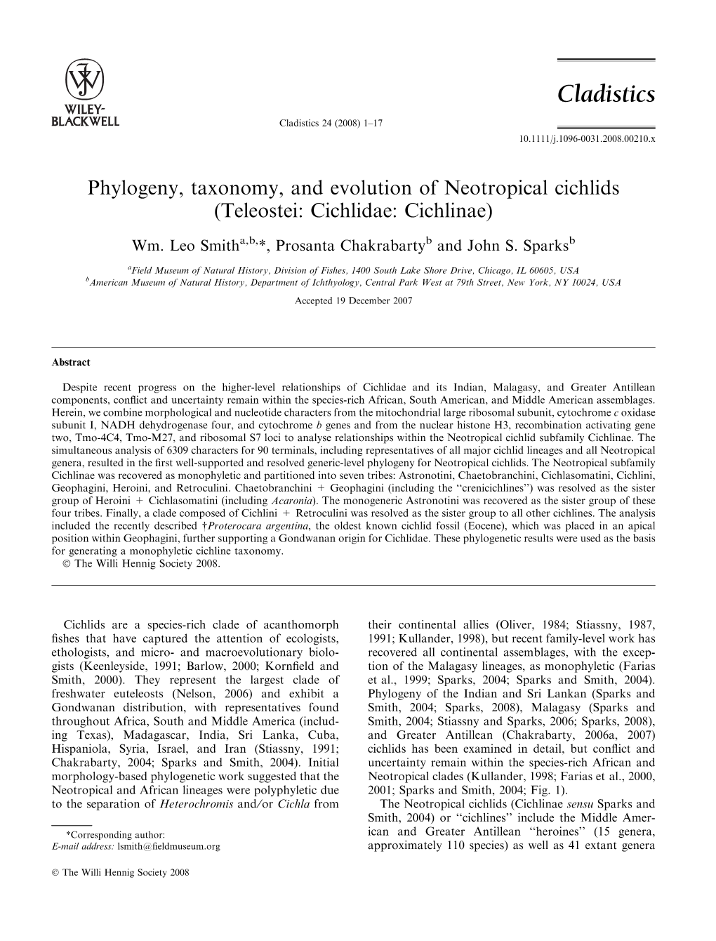 Phylogeny, Taxonomy, and Evolution of Neotropical Cichlids (Teleostei: Cichlidae: Cichlinae)