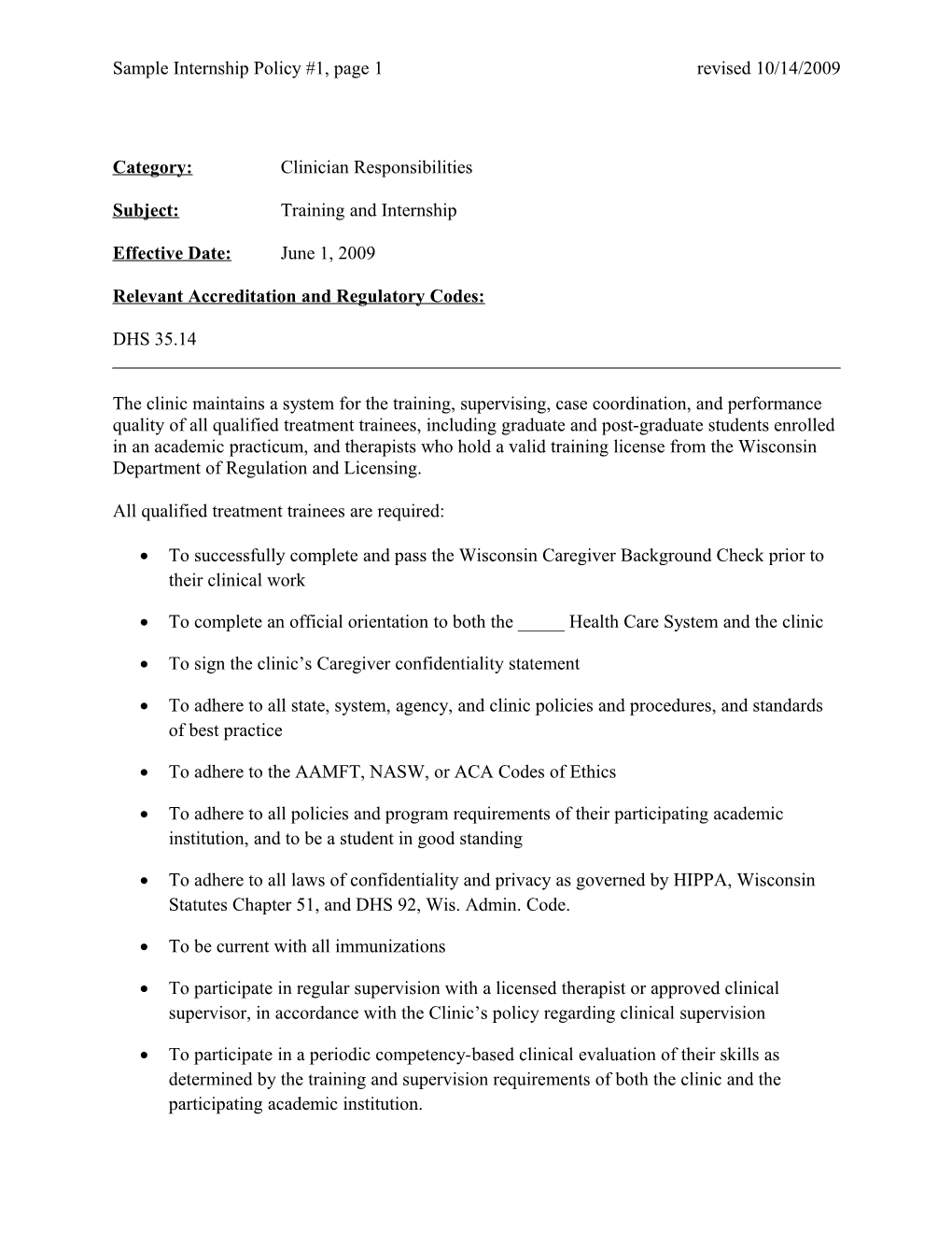 Sample Internship Policy #1, Page 10 Revised 10/14/2009