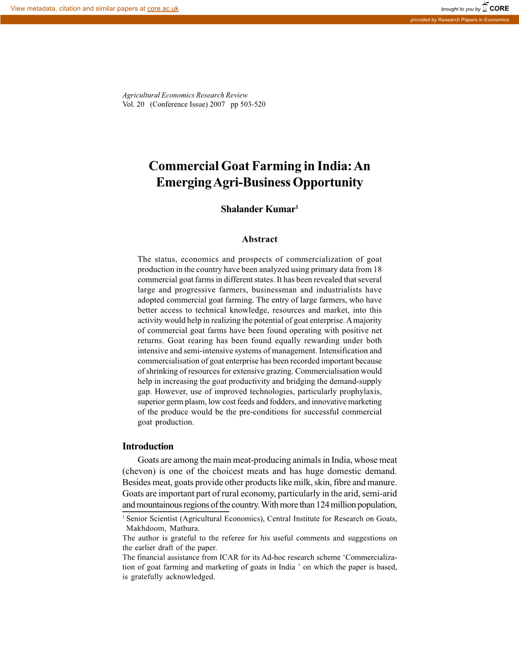 Commercial Goat Farming in India: an Emerging Agri-Business Opportunity
