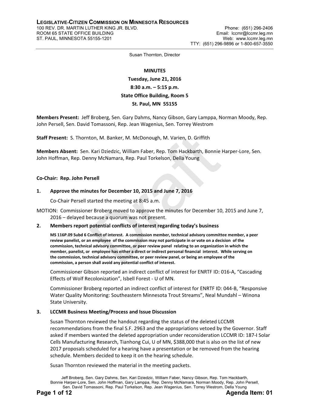 Page 1 of 12 Agenda Item: 01 LEGISLATIVE-CITIZEN COMMISSION on MINNESOTA RESOURCES