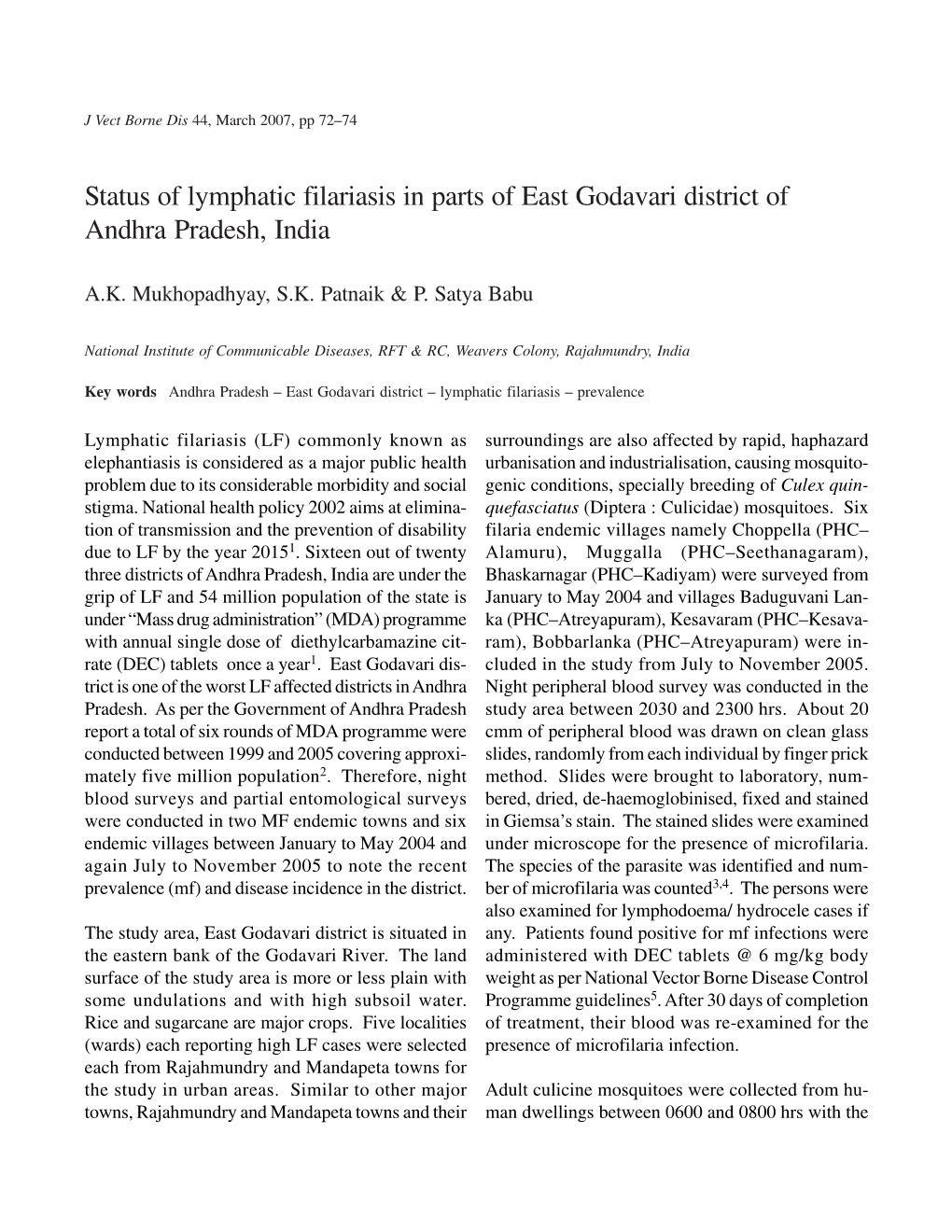 Status of Lymphatic Filariasis in Parts of East Godavari District of Andhra Pradesh, India