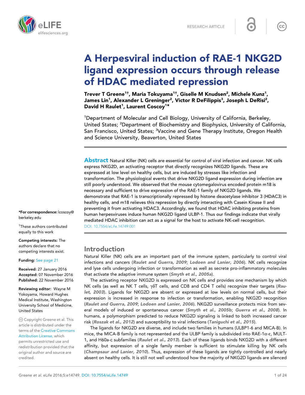 A Herpesviral Induction of RAE-1 NKG2D Ligand Expression