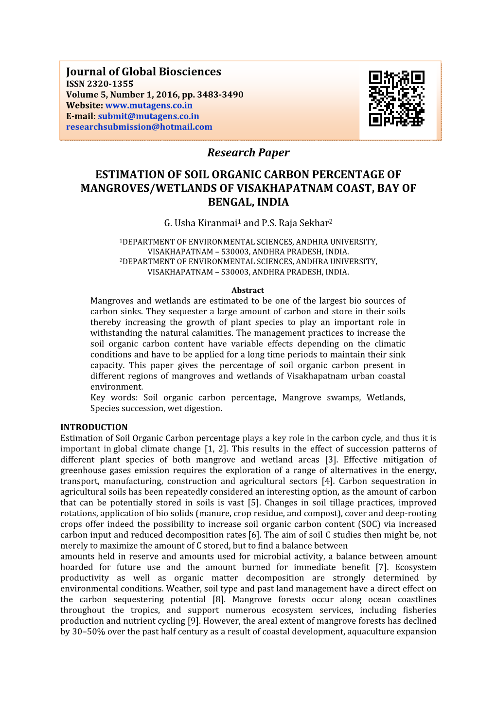 Research Paper ESTIMATION of SOIL ORGANIC CARBON PERCENTAGE of MANGROVES/WETLANDS of VISAKHAPATNAM COAST, BAY of BENGAL, INDIA