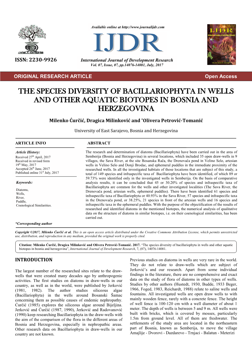 The Species Diversity of Bacillariophyta in Wells and Other Aquatic Biotopes in Bosnia and Herzegovina