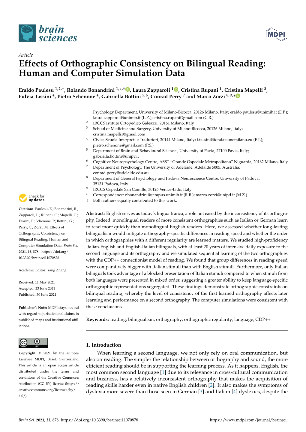 Effects of Orthographic Consistency on Bilingual Reading: Human and Computer Simulation Data