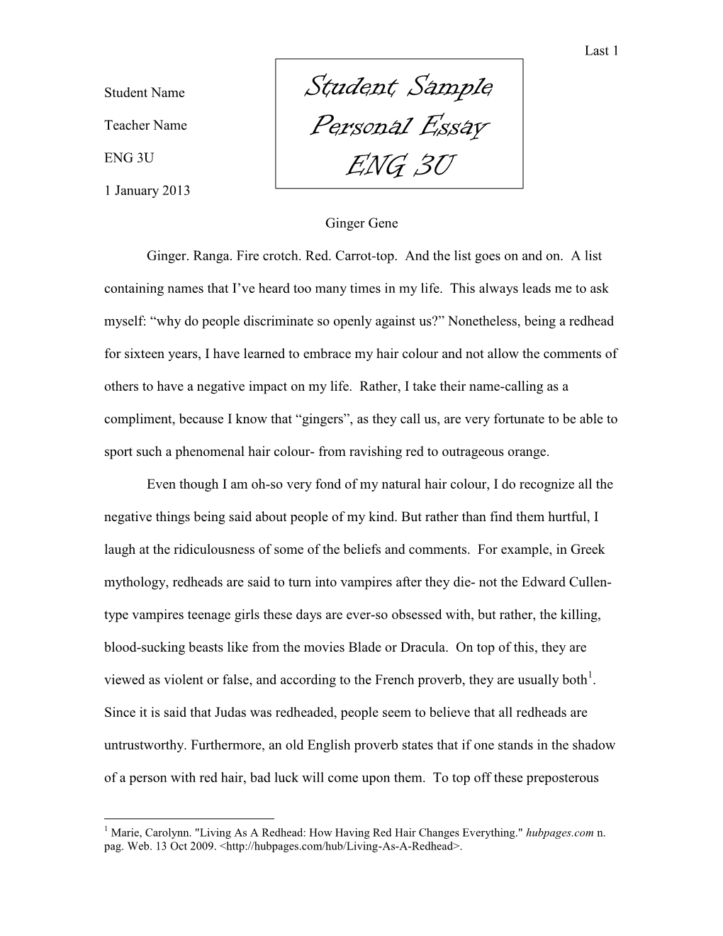 Student Sample Personal Essay ENG 3U