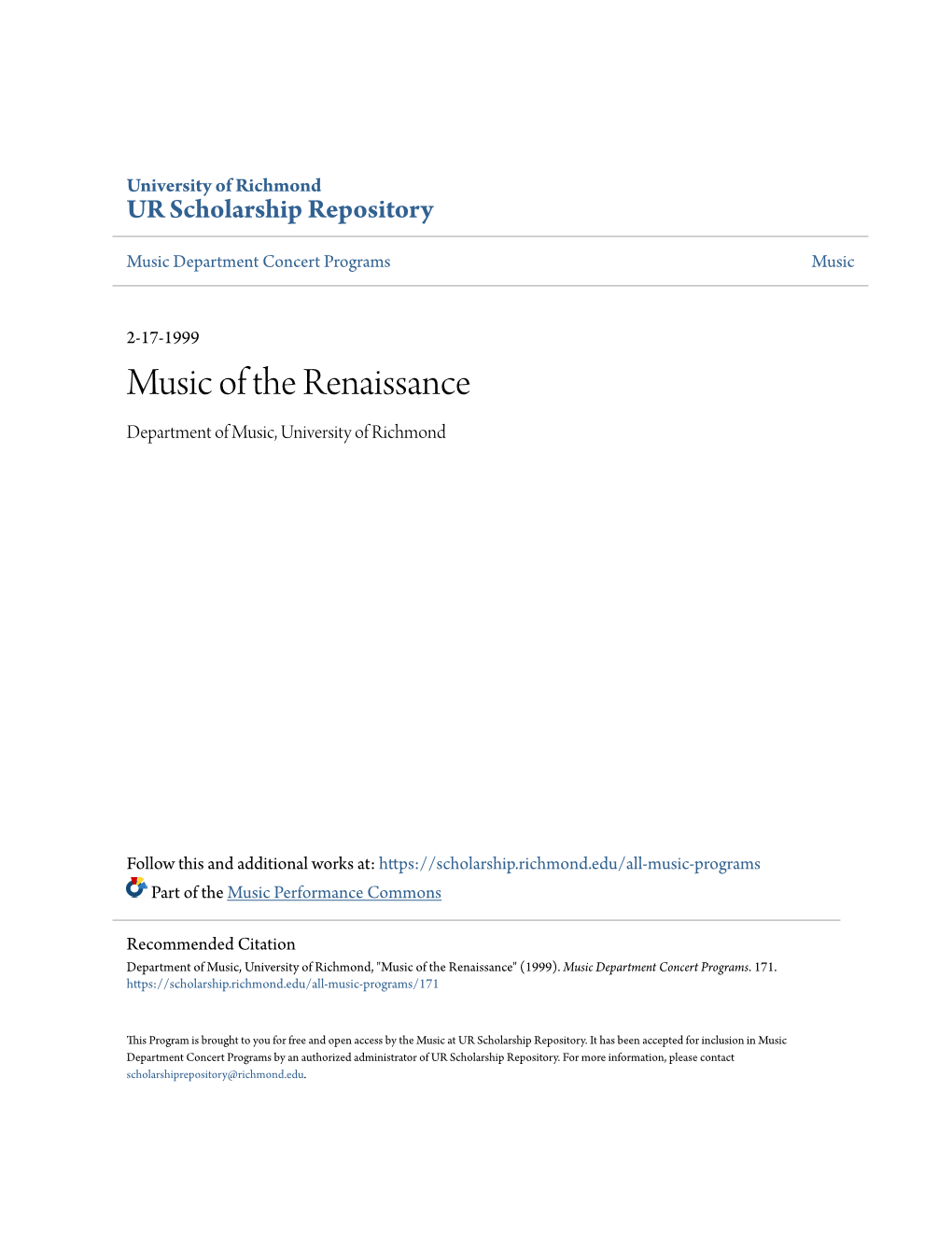 Music of the Renaissance Department of Music, University of Richmond
