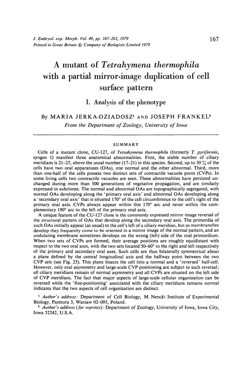 A Mutant of Tetrahymena Thermophila with a Partial Mirror-Image Duplication of Cell Surface Pattern