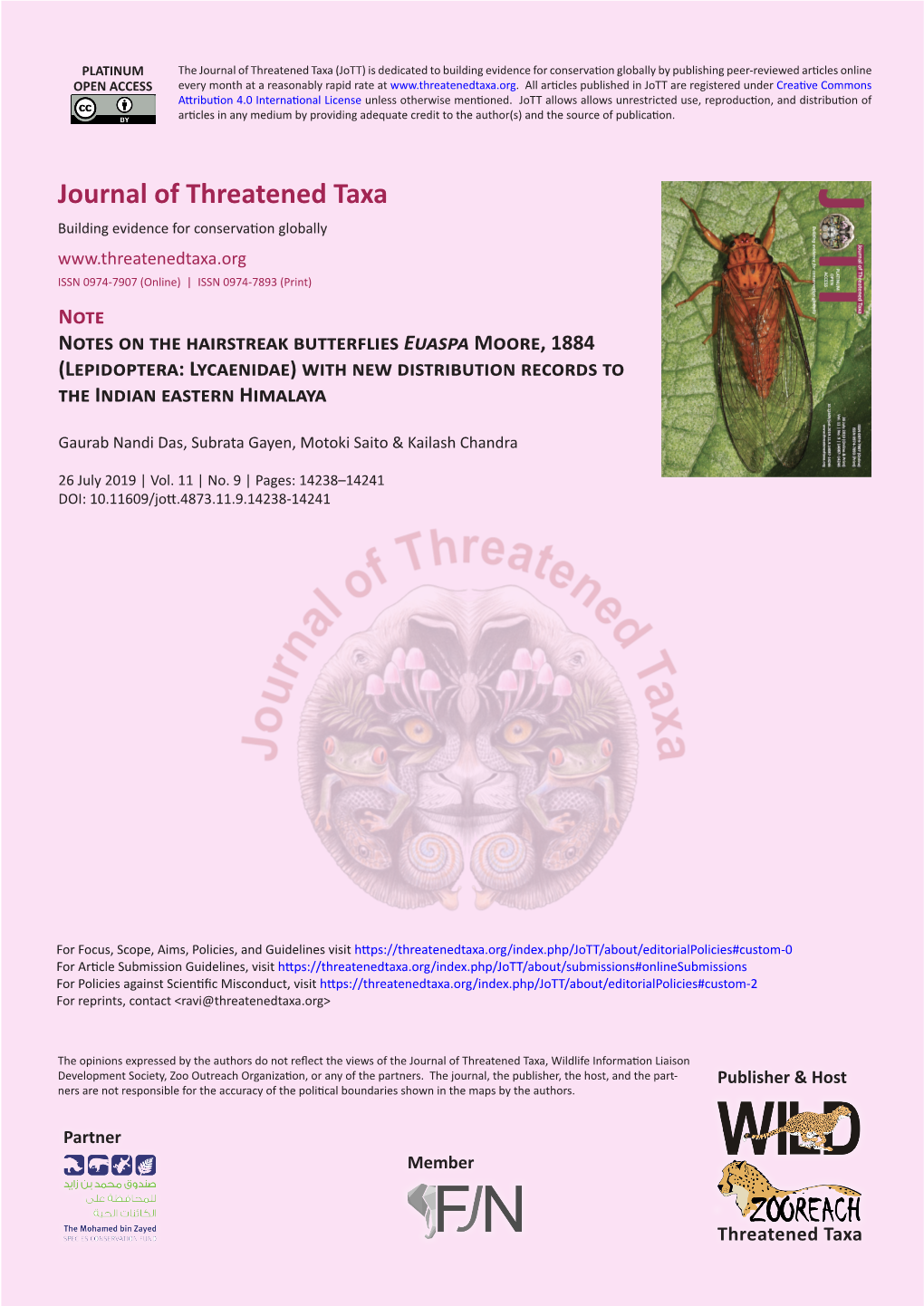 Notes on the Hairstreak Butterflies Euaspa Moore, 1884 (Lepidoptera: Lycaenidae) with New Distribution Records to the Indian Eastern Himalaya