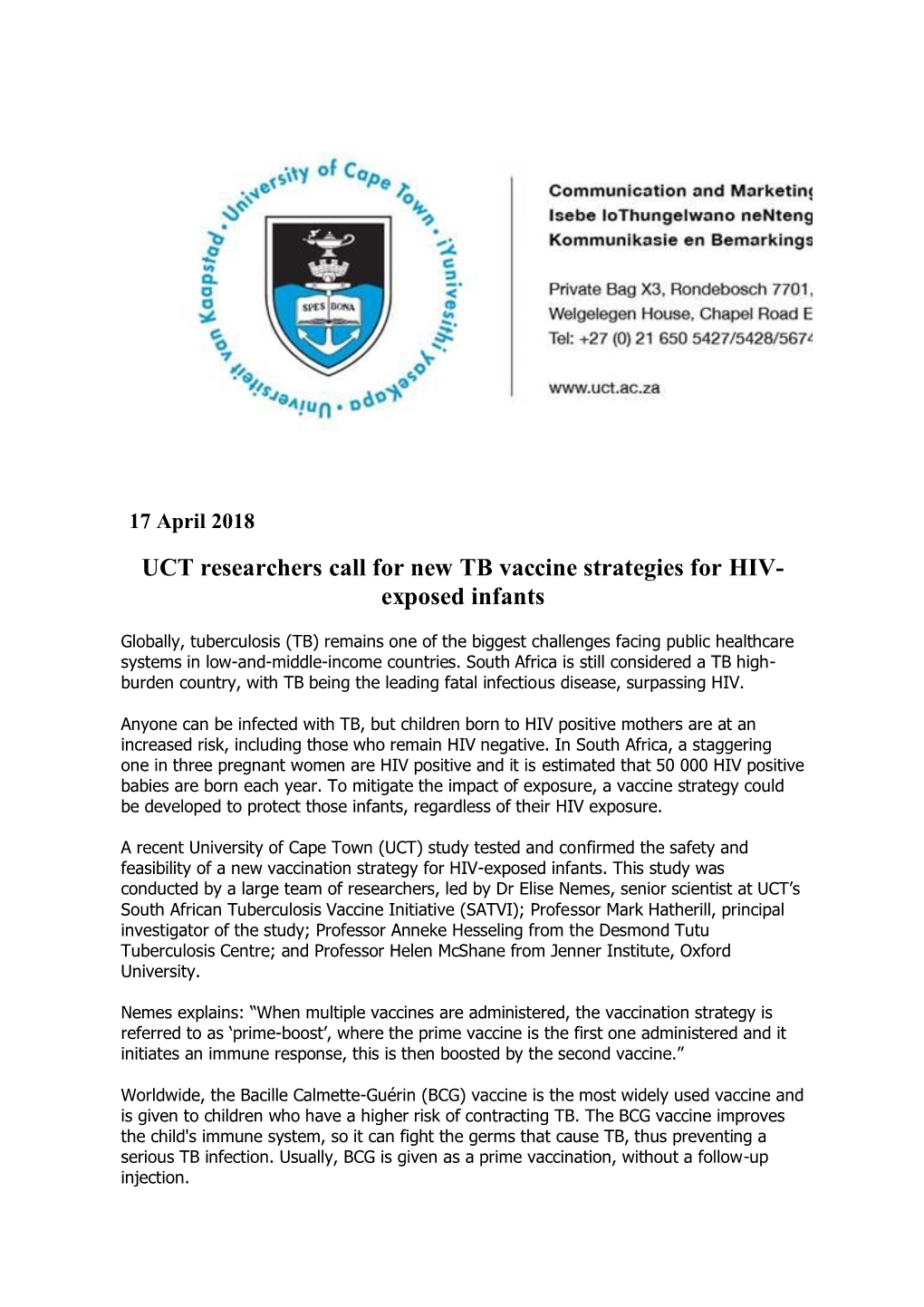 UCT Researchers Call for New TB Vaccine Strategies for HIV-Exposed Infants