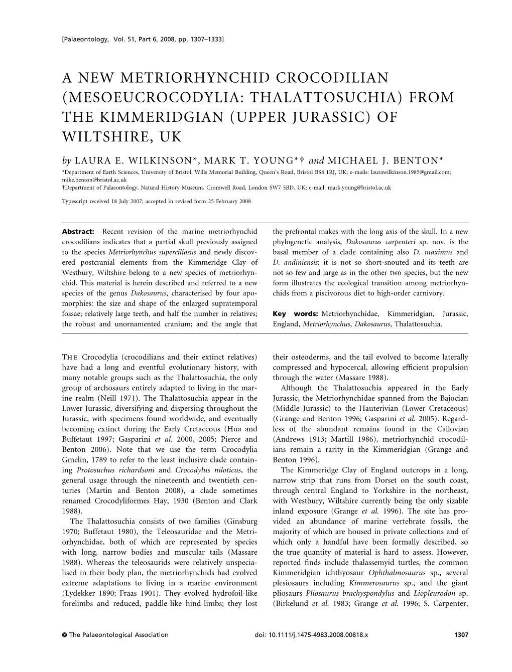 A NEW METRIORHYNCHID CROCODILIAN (MESOEUCROCODYLIA: THALATTOSUCHIA) from the KIMMERIDGIAN (UPPER JURASSIC) of WILTSHIRE, UK by LAURA E