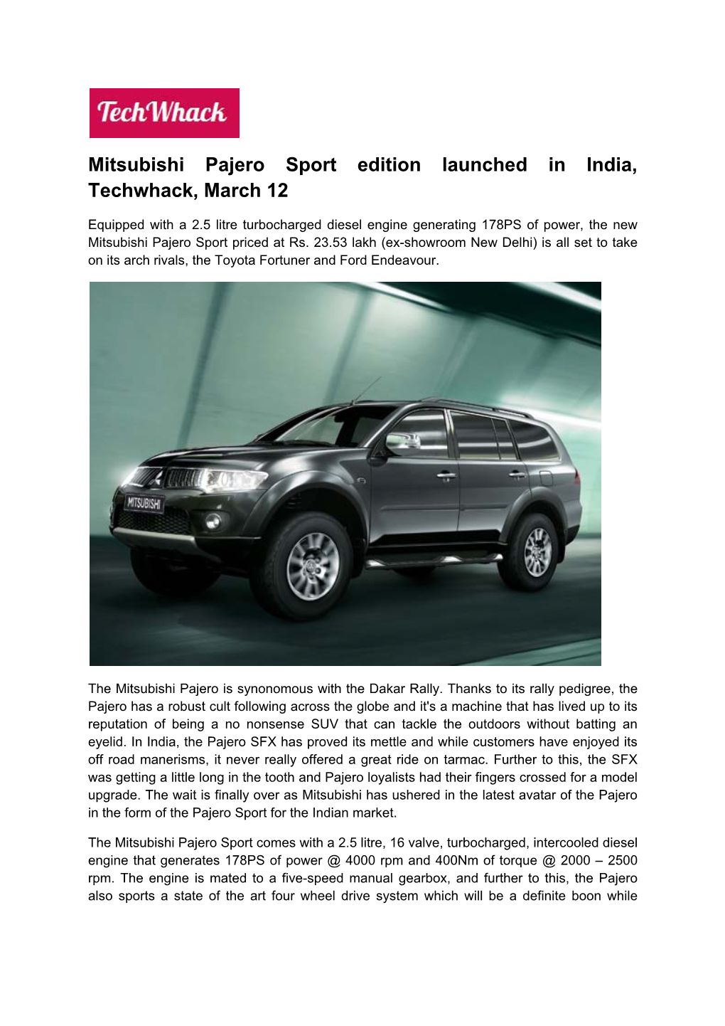 Mitsubishi Pajero Sport Edition Launched in India, Techwhack, March 12