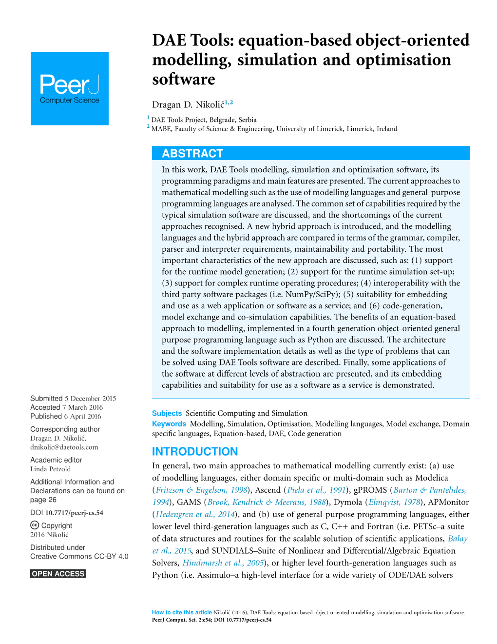 DAE Tools: Equation-Based Object-Oriented Modelling, Simulation and Optimisation Software