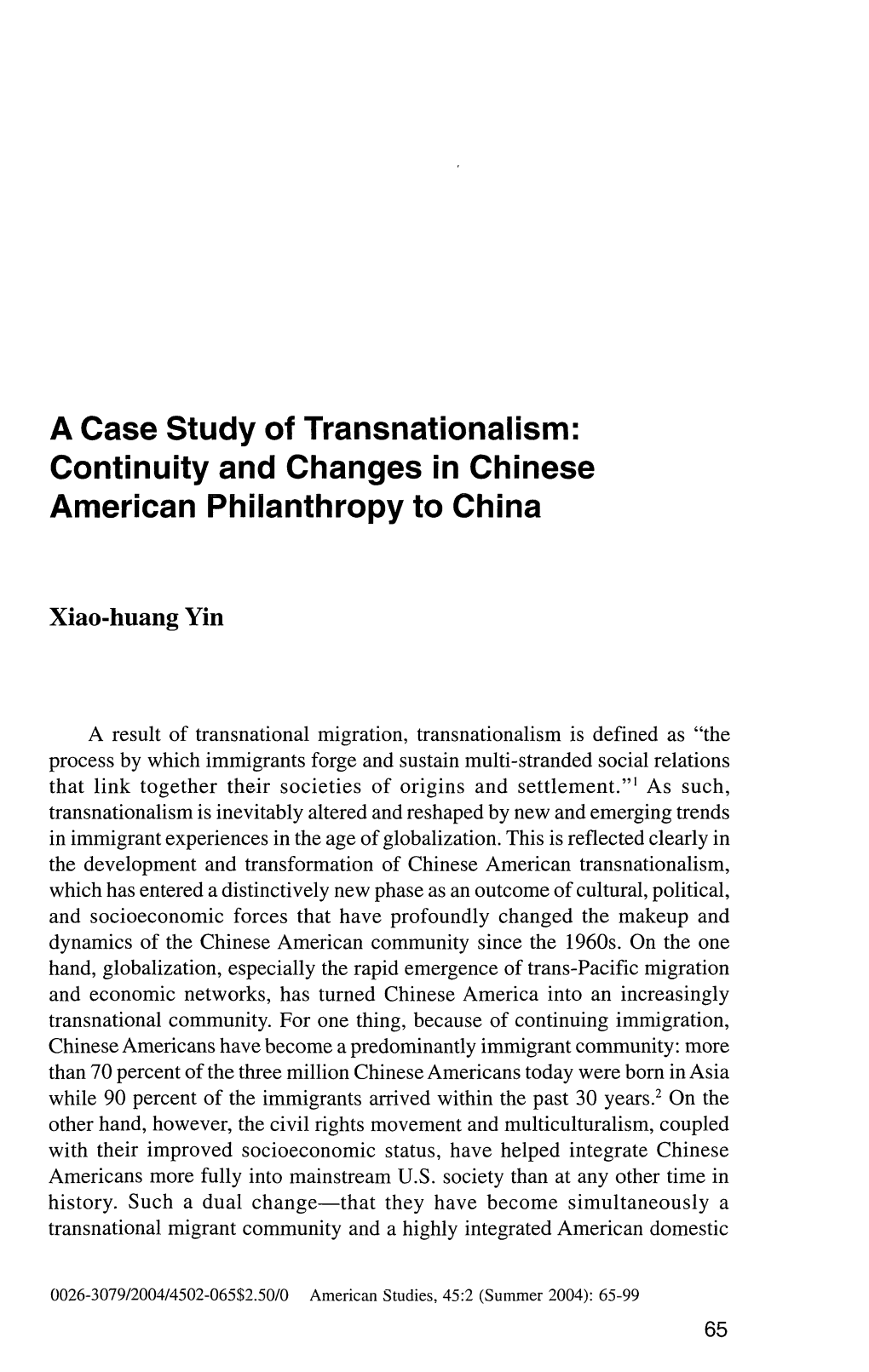 A Case Study of Transnationalism: Continuity and Changes in Chinese American Philanthropy to China