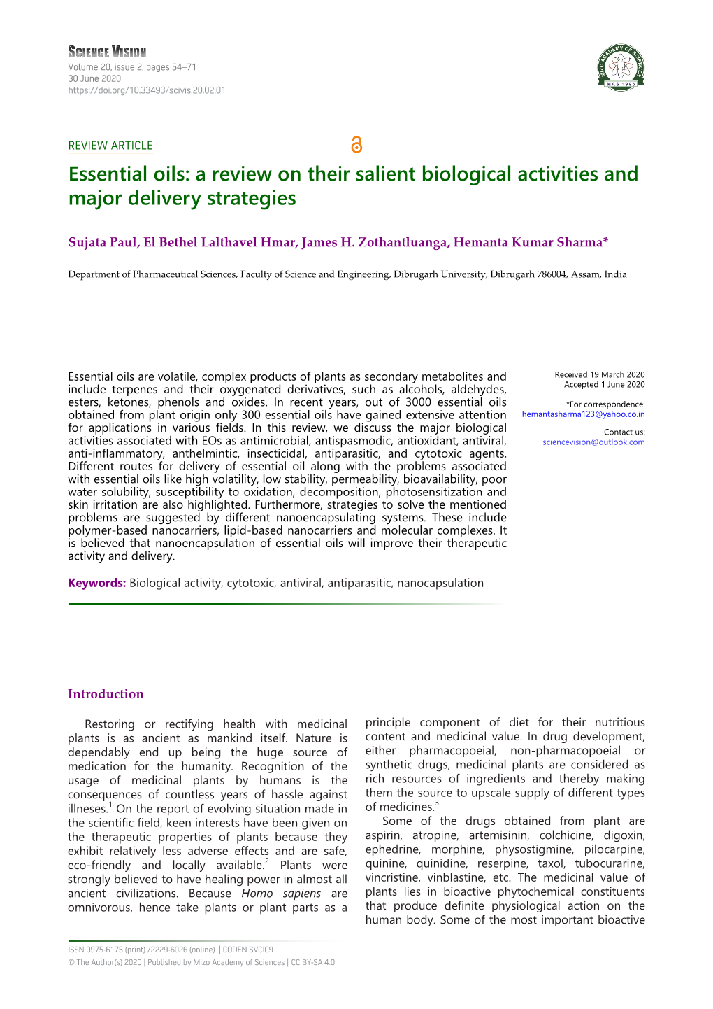 Essential Oils: a Review on Their Salient Biological Activities and Major Delivery Strategies