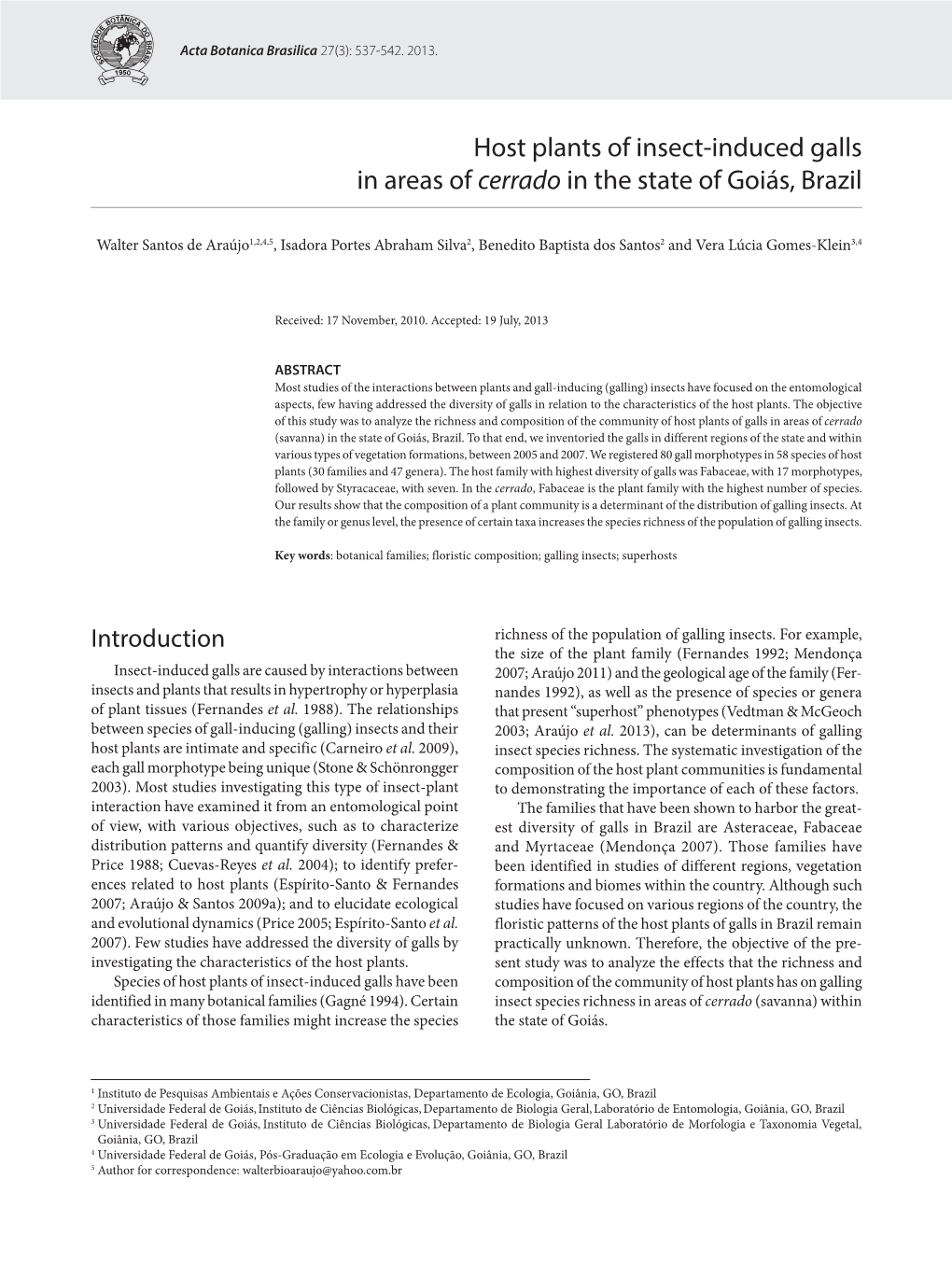 Host Plants of Insect-Induced Galls in Areas of Cerrado in the State of Goiás, Brazil