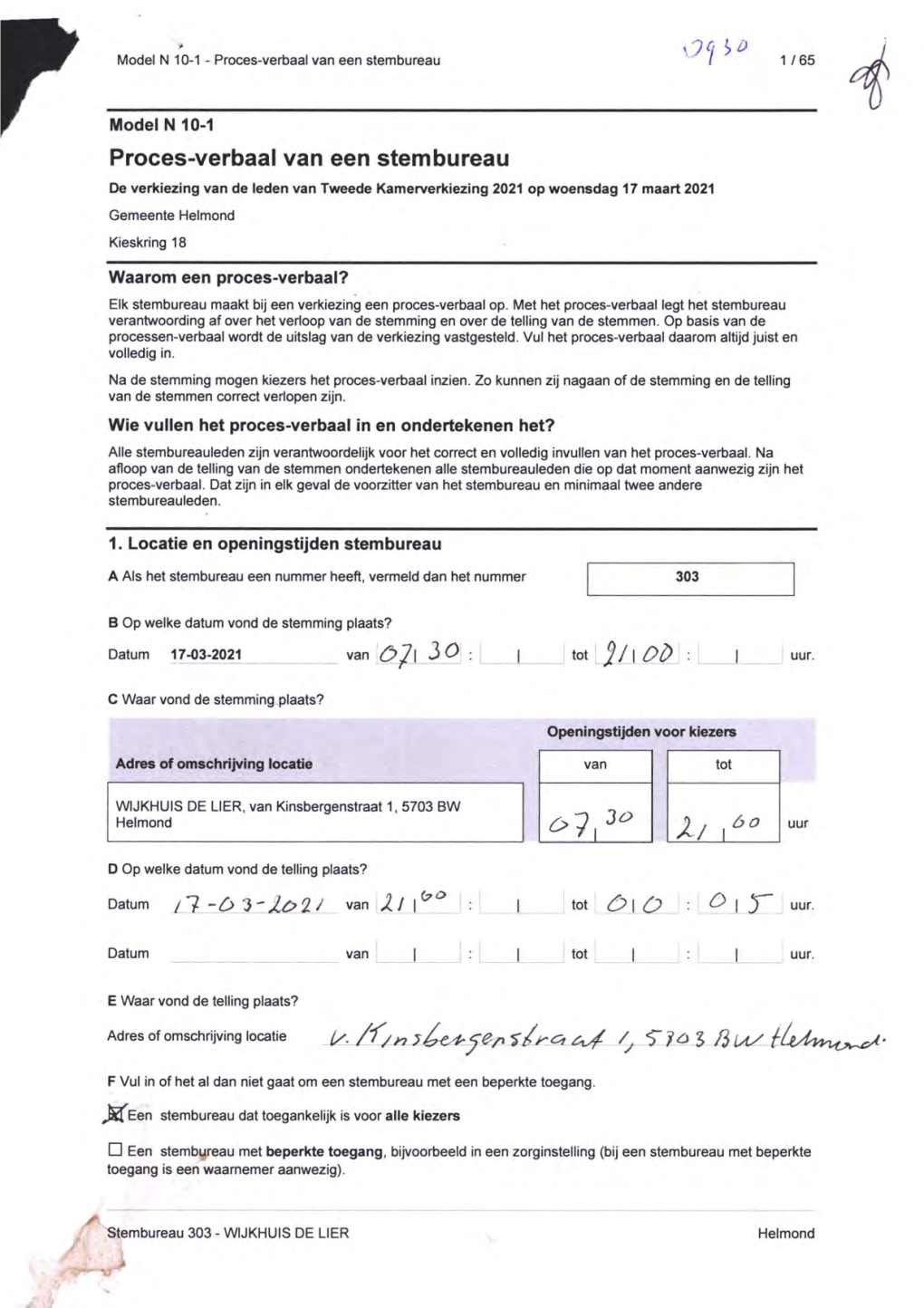 Proces-Verbaal Van Een Stembureau 1 / 65