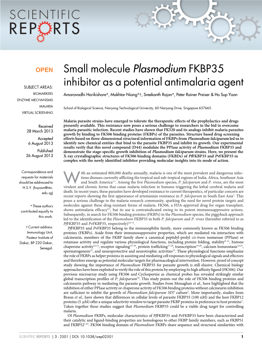 Small Molecule Plasmodium FKBP35 Inhibitor As a Potential Antimalaria Agent