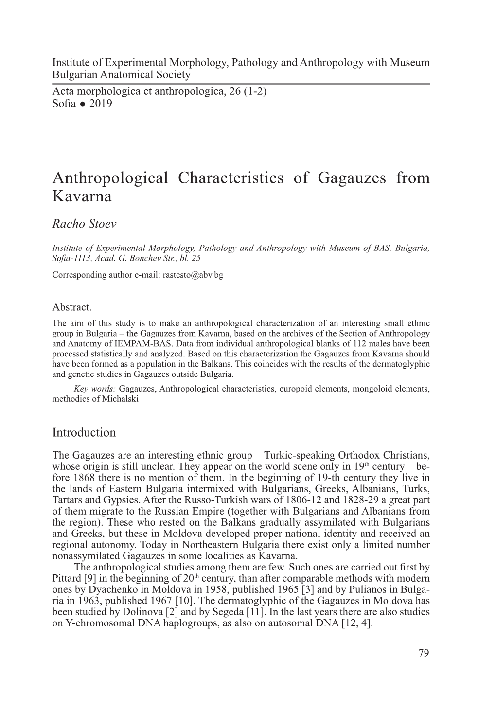 Anthropological Characteristics of Gagauzes from Kavarna Racho Stoev