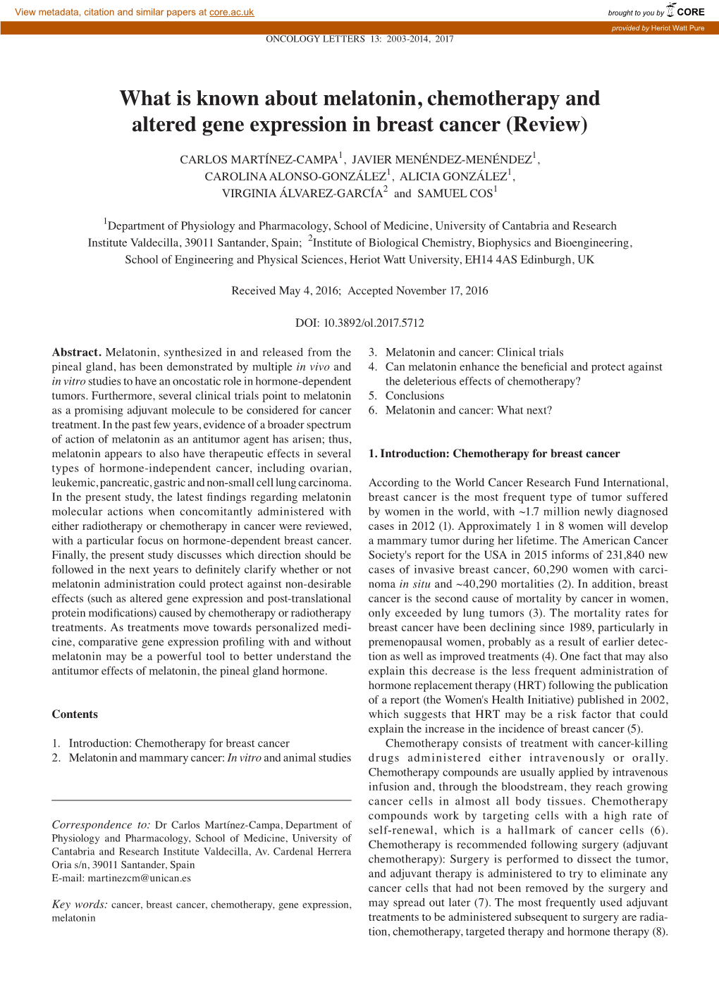 What Is Known About Melatonin, Chemotherapy and Altered Gene Expression in Breast Cancer (Review)