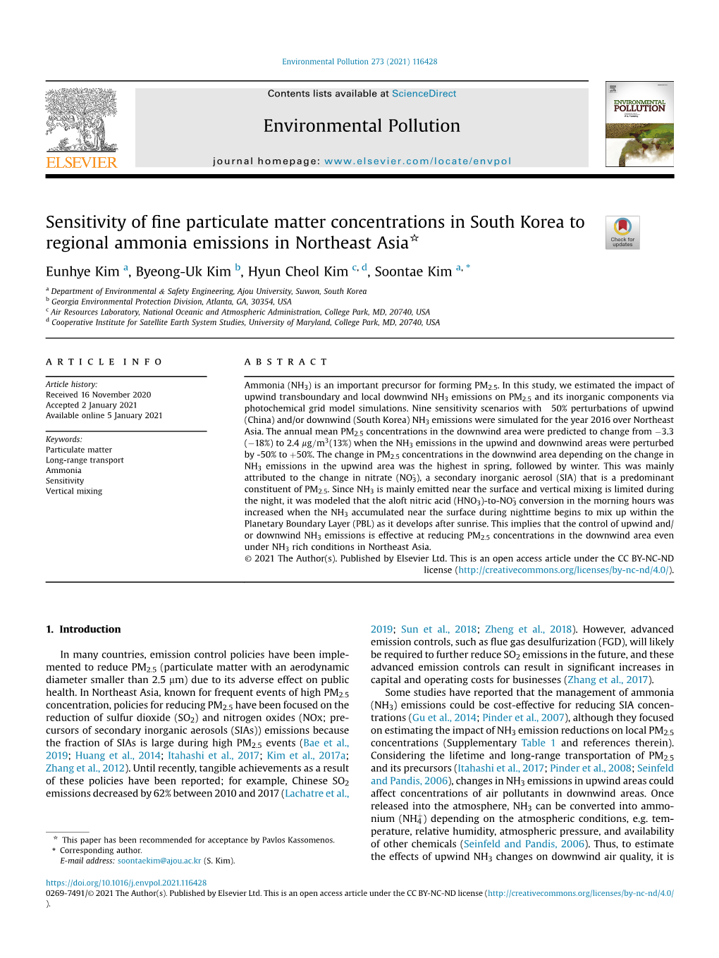 Sensitivity of Fine Particulate Matter Concentrations in South Korea To