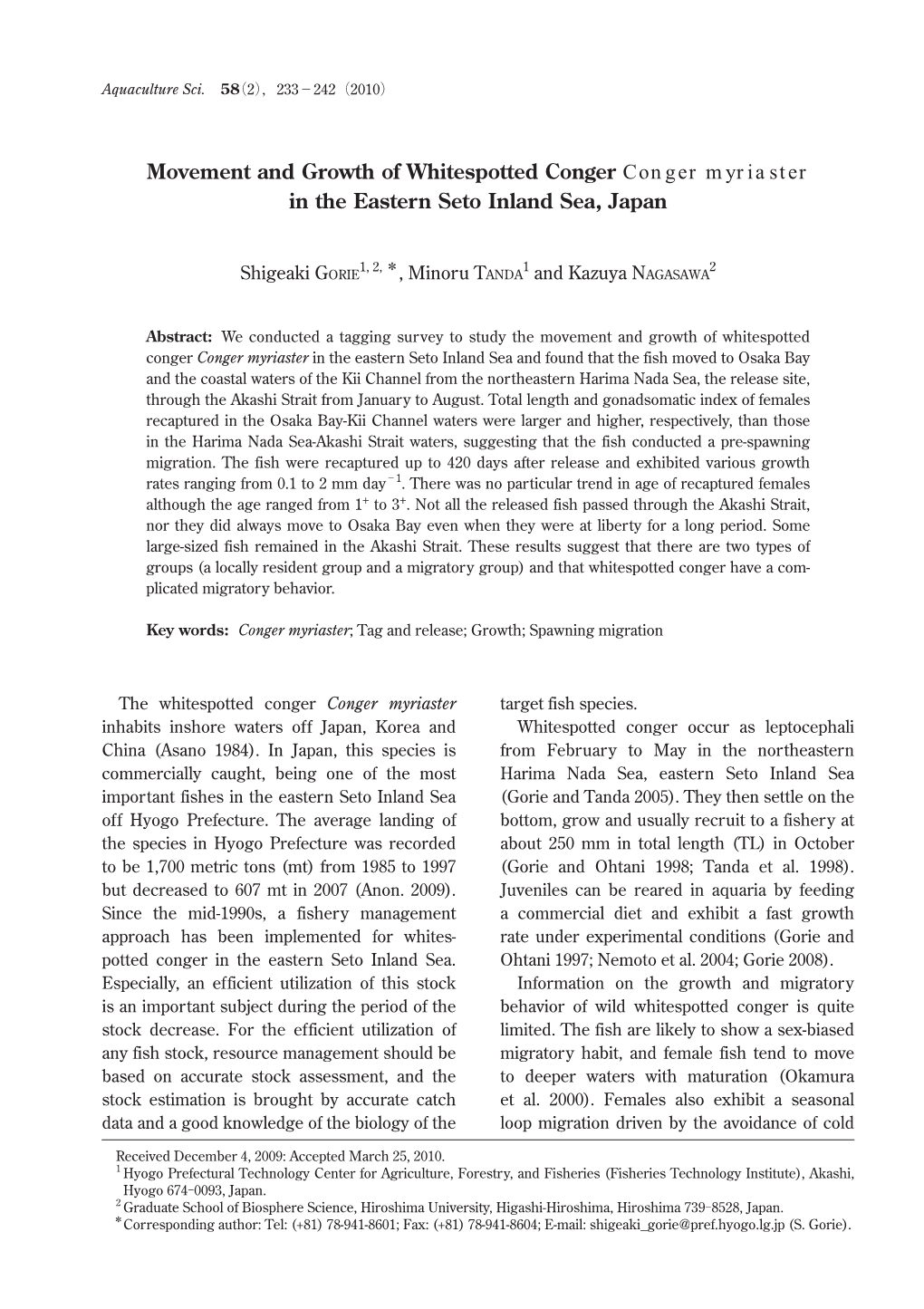 Movement and Growth of Whitespotted Conger Conger Myriaster in the Eastern Seto Inland Sea, Japan