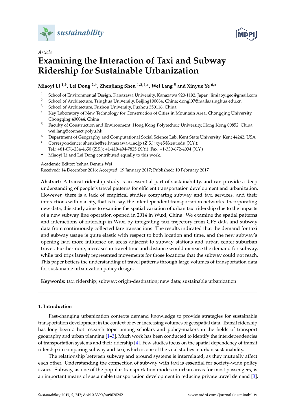 Examining the Interaction of Taxi and Subway Ridership for Sustainable Urbanization