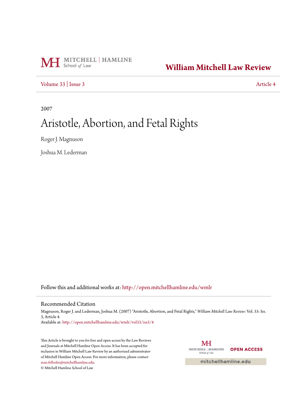 Aristotle, Abortion, and Fetal Rights Roger J